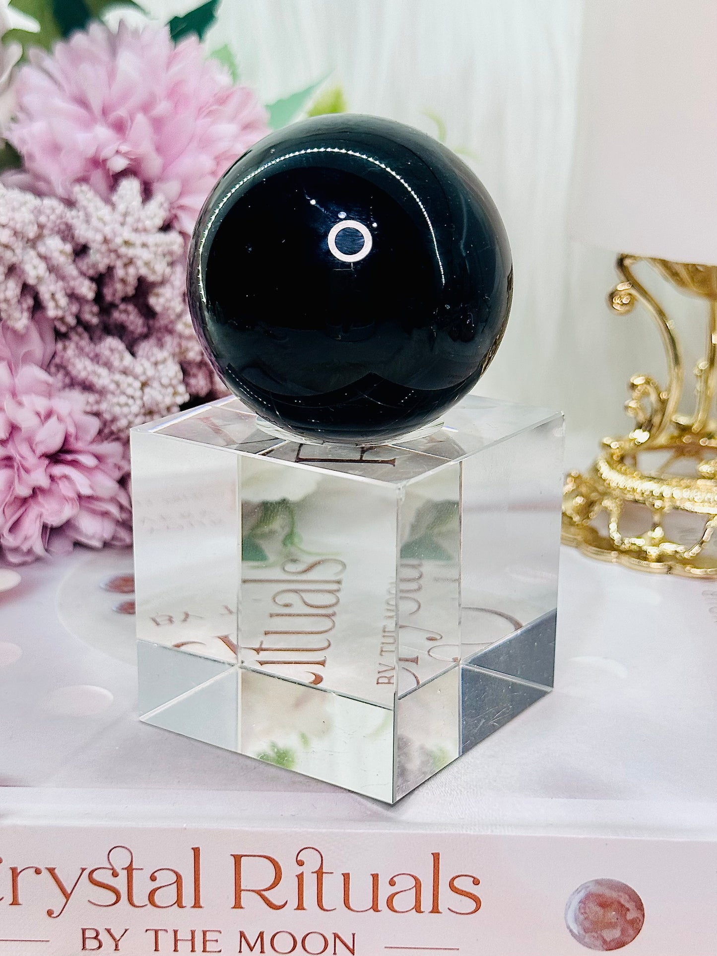 A Protective Stone ~ Black Obsidian Sphere On Stand with Purple Hand & Moon Print (Glass stand in pic is display only)