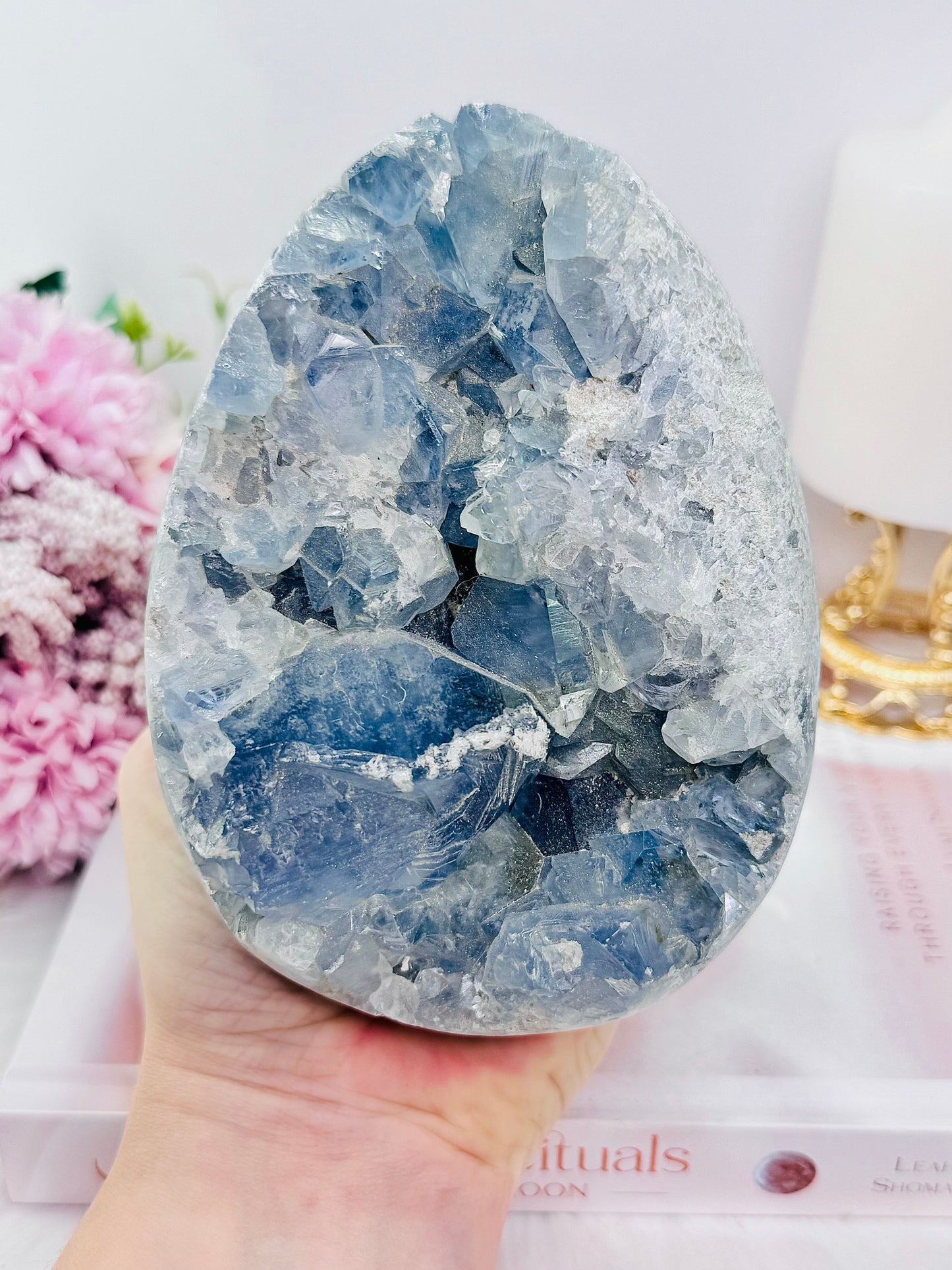 Huge 1.77KG Natural Blue Celestite Druzy Egg On Stand