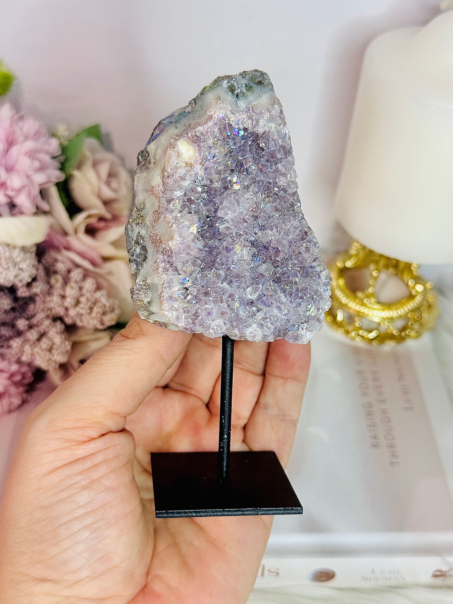 Absolutely Beautiful Angel Aura Amethyst Cluster On Stand From Brazil 12cm