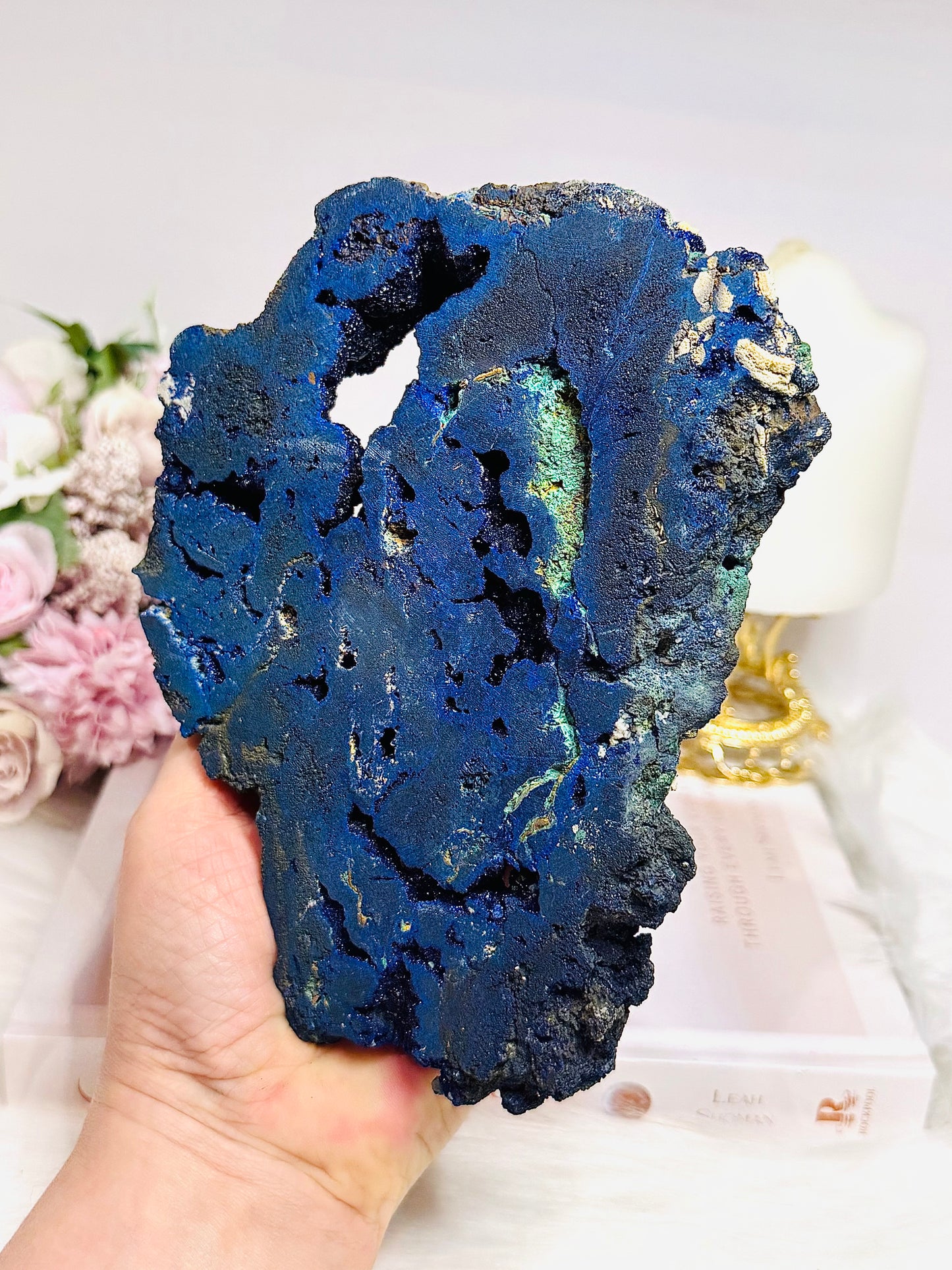 High Grade Azurite Slab with Malachite Inclusions on Stand 693g