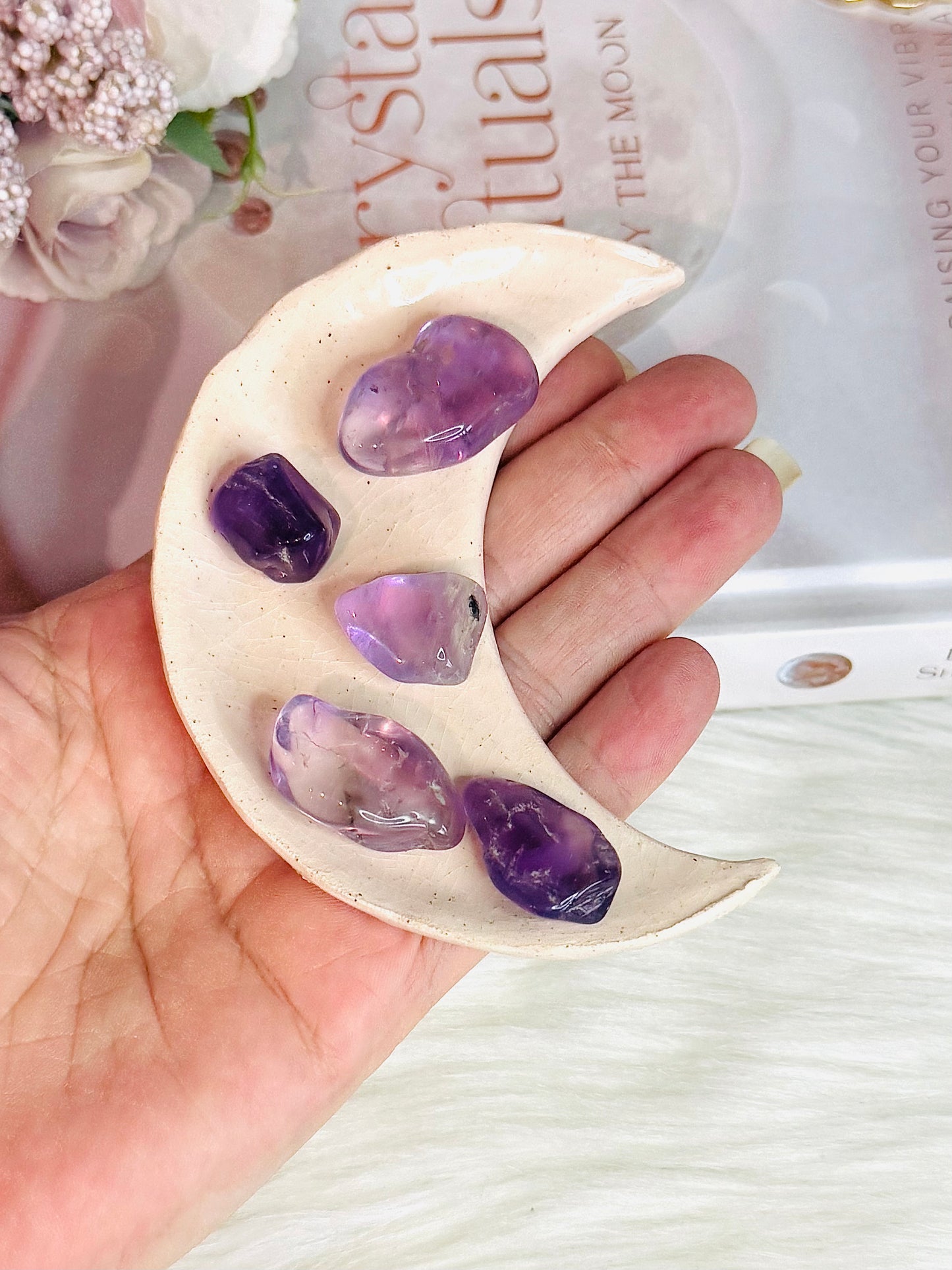 Hand Crafted 11cm Ceramic Moon with High Grade Amethyst Tumbles