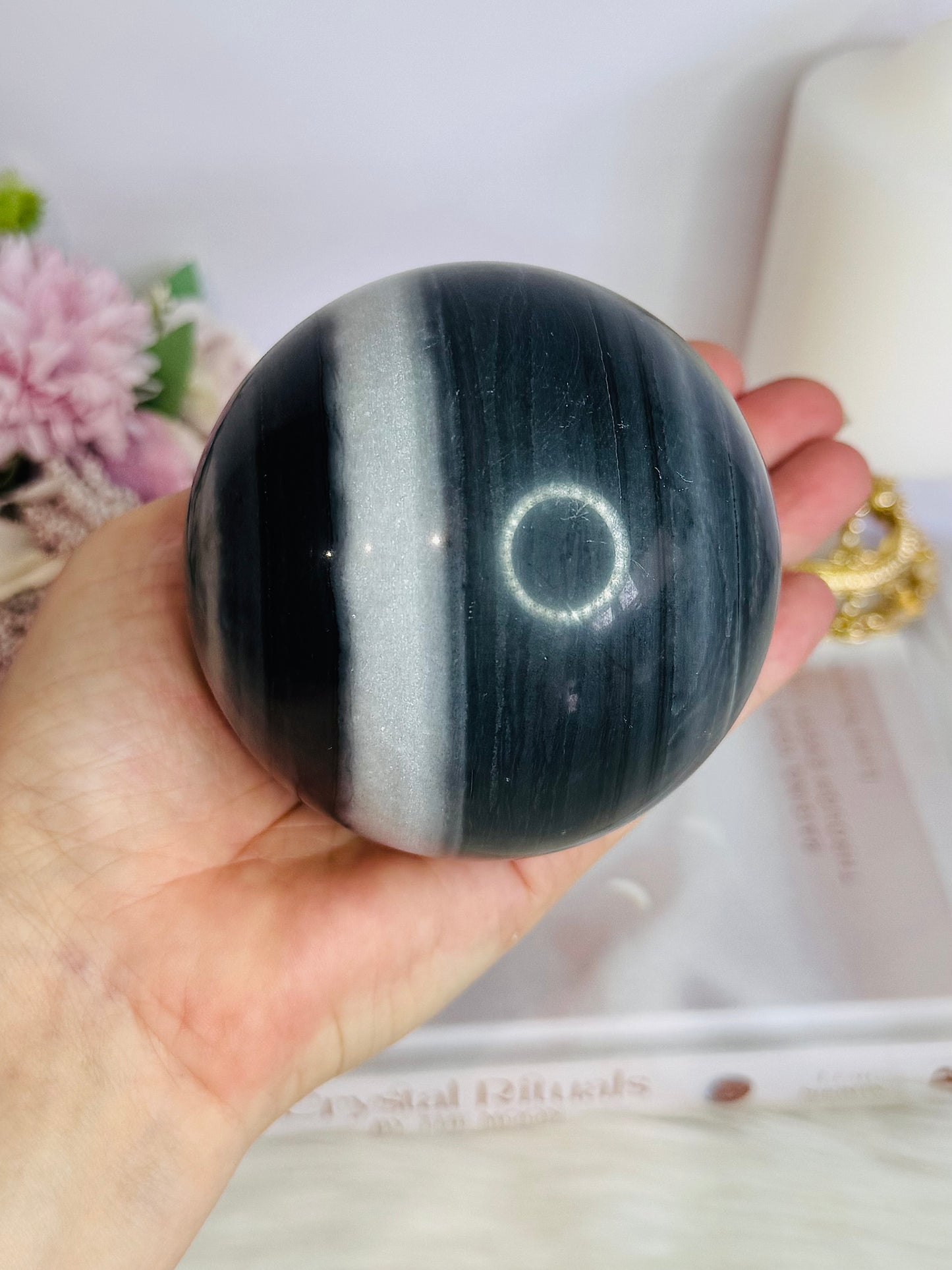 Natural Large Tai Chi Stone (White Quartz & Black Jasper) Sphere On Stand 895grams