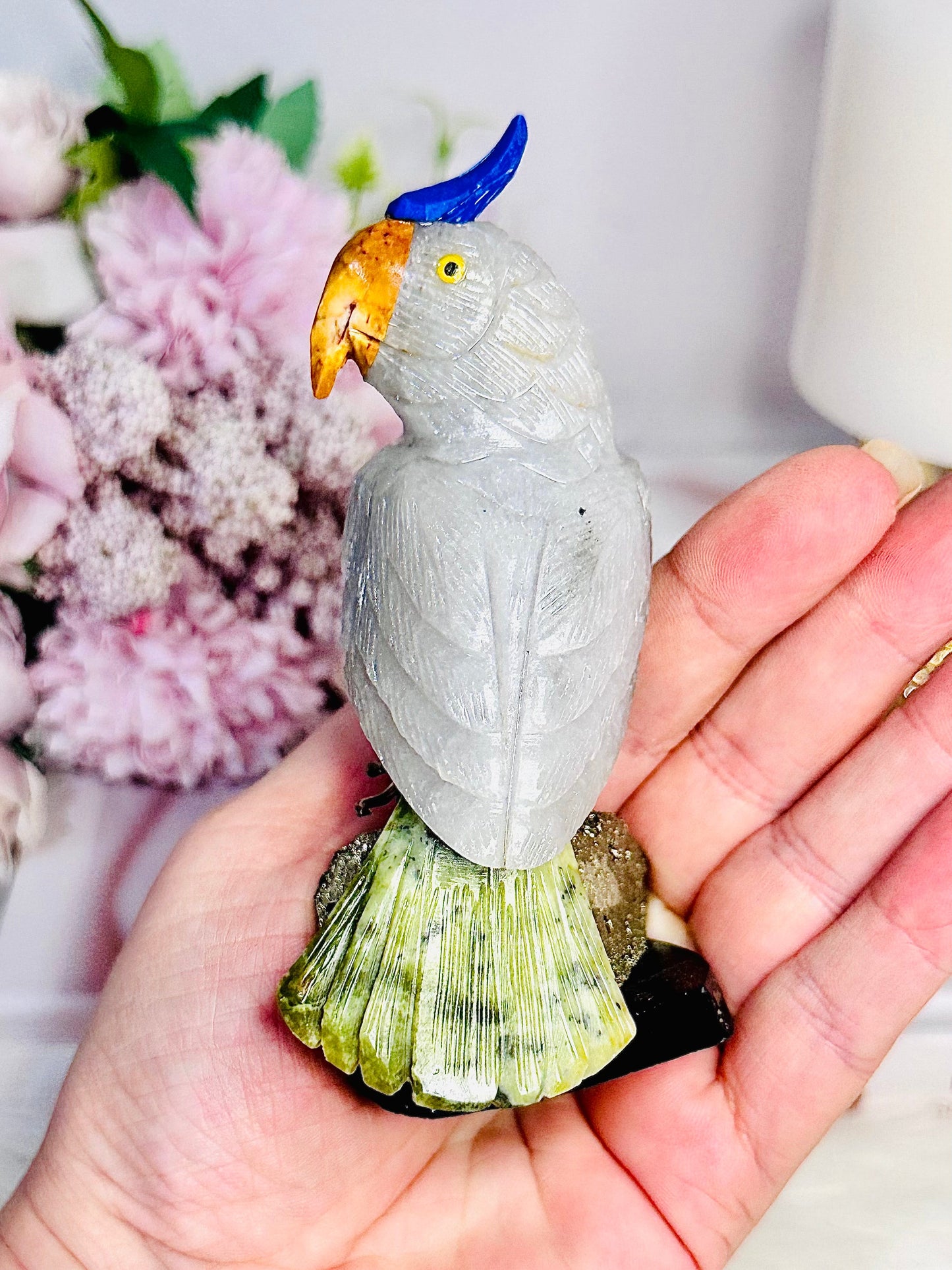 Large 11.5cm Jade Carved Parrot | Bird On Pyrite Stand From Brazil