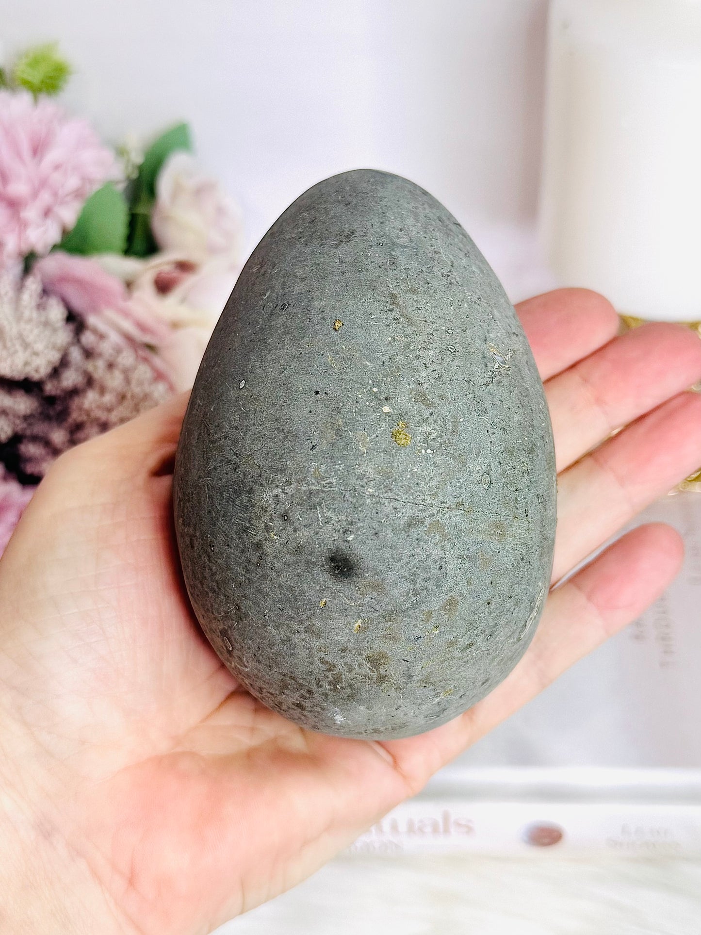 Large Black Amethyst Carved Egg On Stand 534g