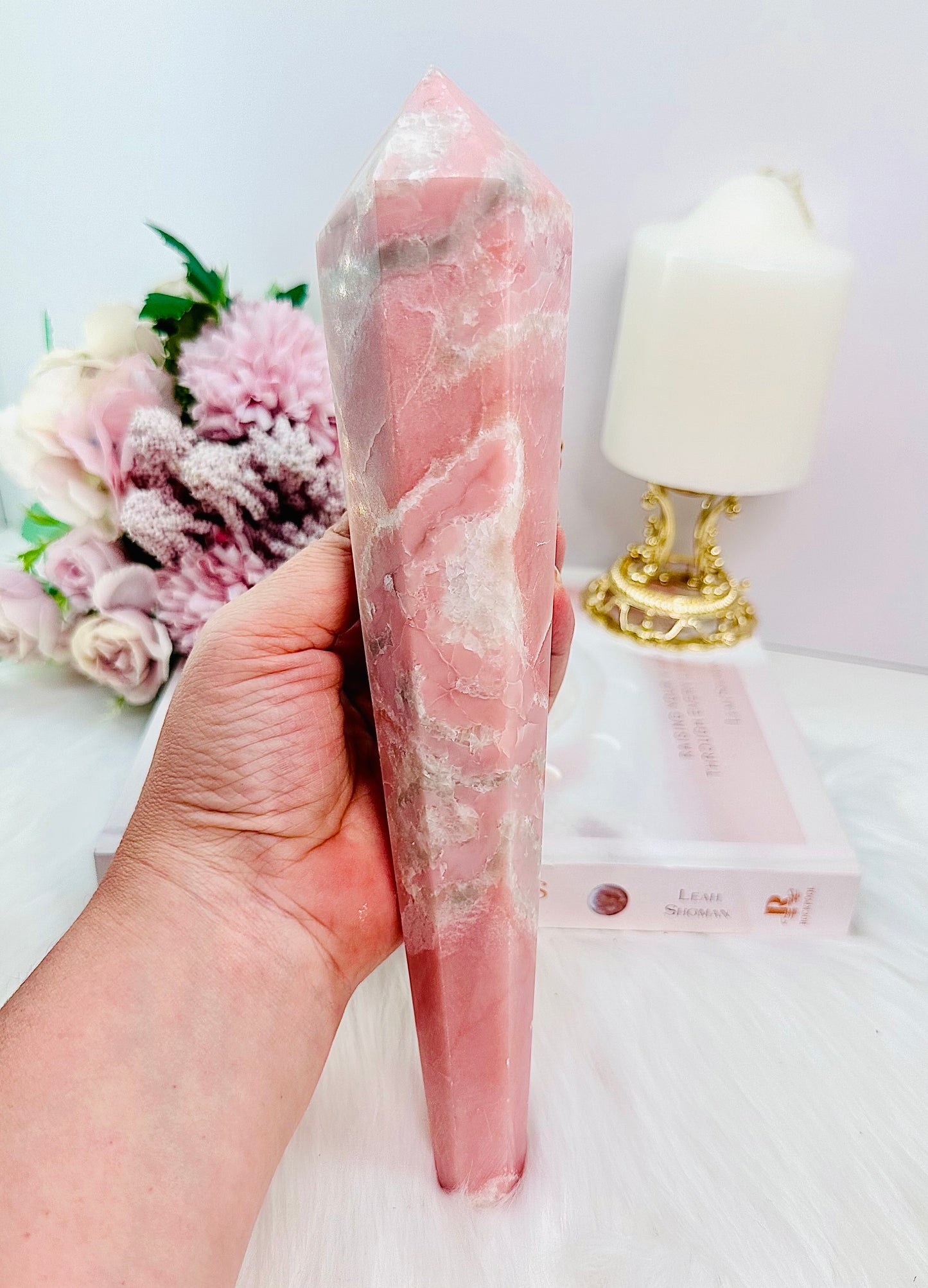 Classy & Fabulous Huge Pink Opal Wand | Obelisk Tower On Silver Stand 27cm