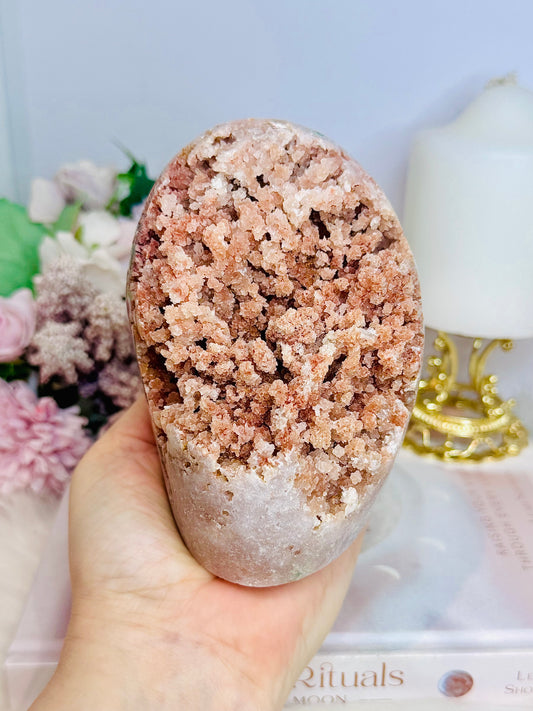 Large Natural Pink Amethyst Base Cut Freeform Cluster with Green Jasper Inclusions 962g