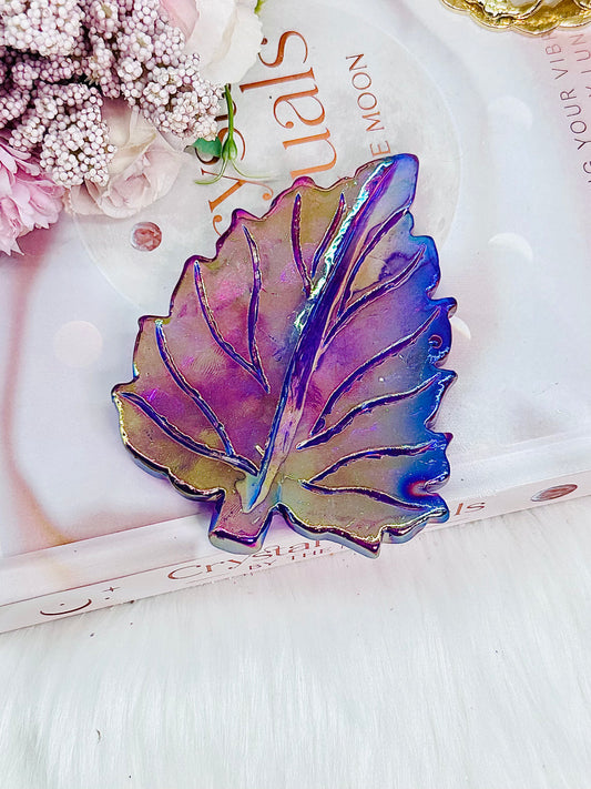 Stunning Aura Purple Quartz Leaf Carving 11cm