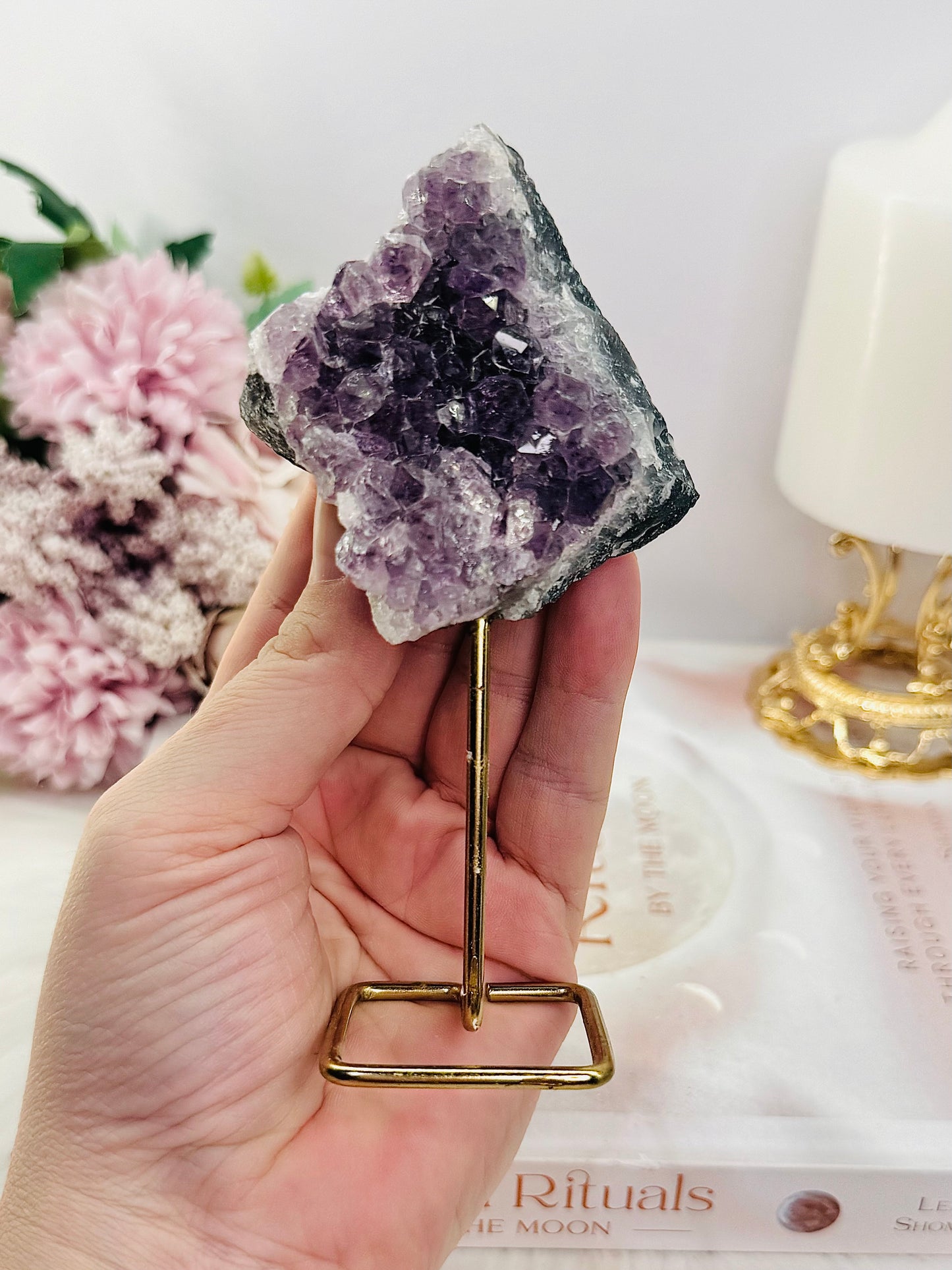 Natural Amethyst Cluster on Gold Stand 13cm