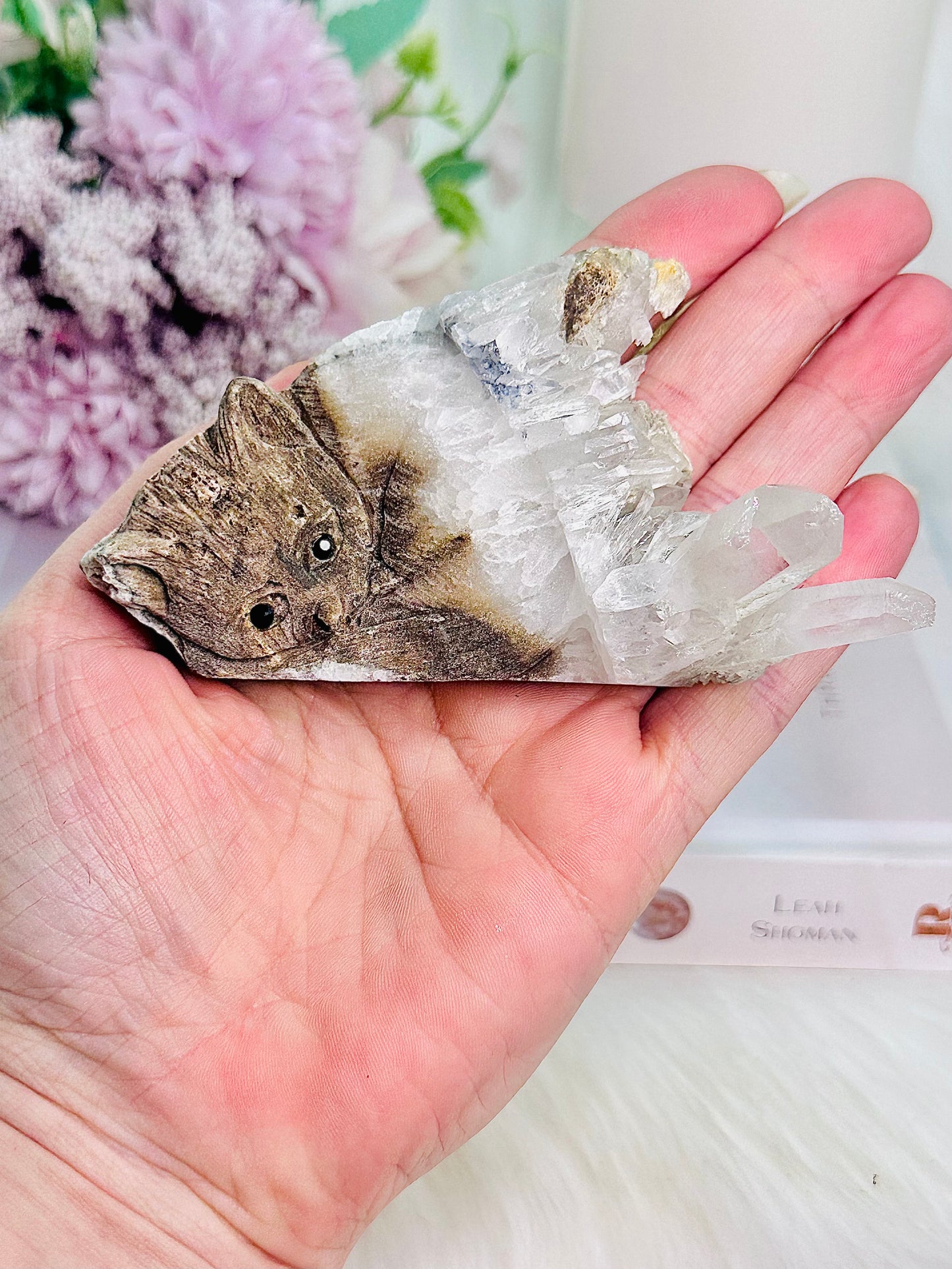 Beautiful Cat Carved Quartz Cluster