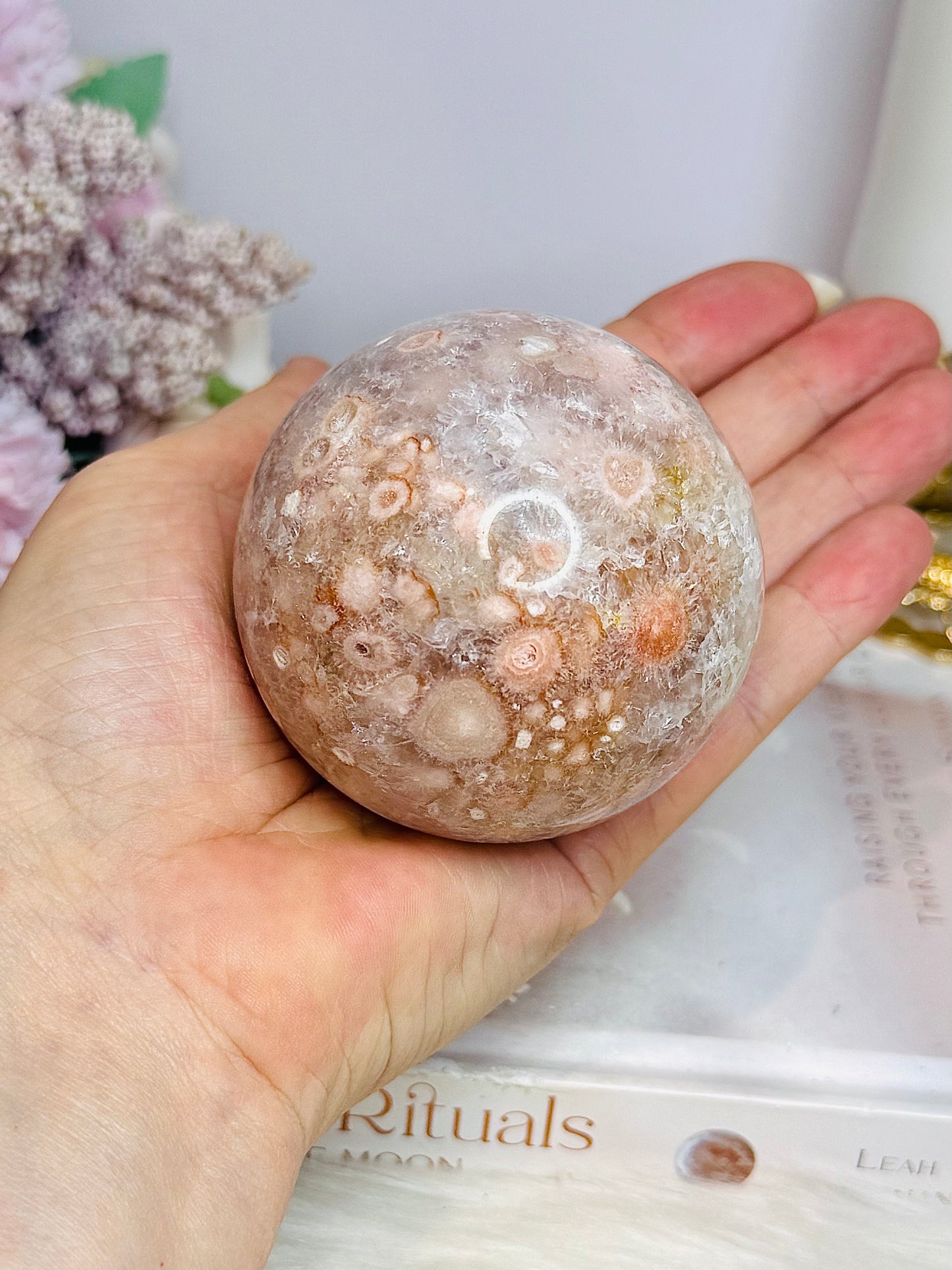 Large Flower Agate Sphere on Stand 382g