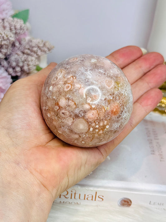 Large Flower Agate Sphere on Stand 382g