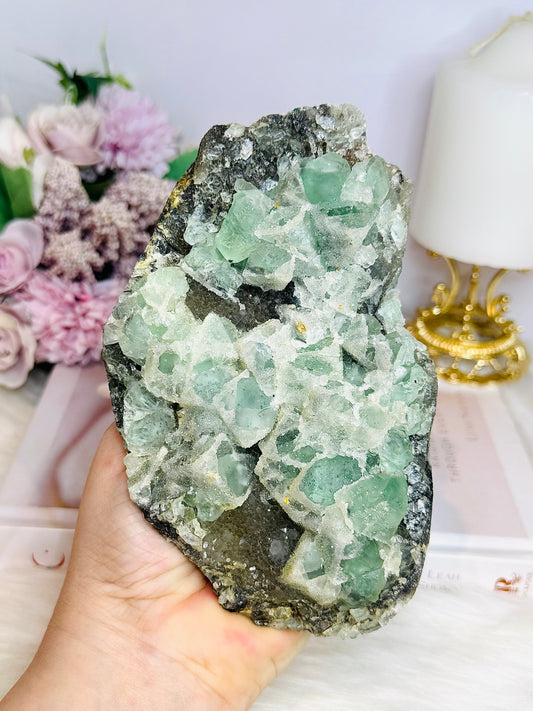Large Green Cubed Fluorite Sugar Druzy Specimen on Matrix 15cm 777g
