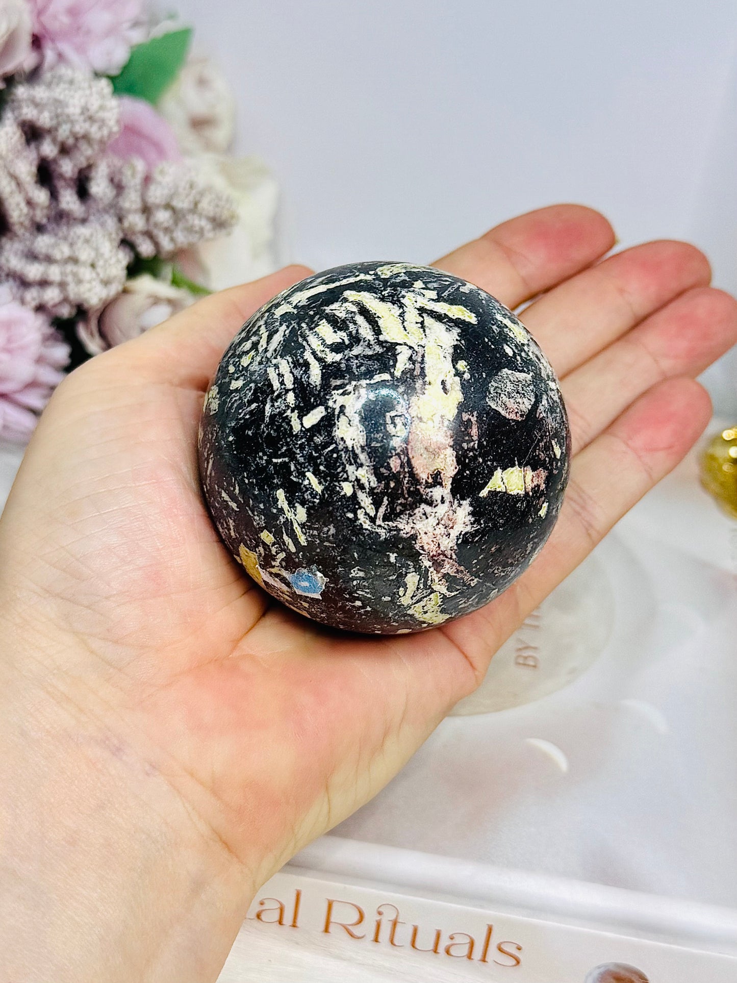 Large Chinese Writing Stone Sphere on Stand 434g