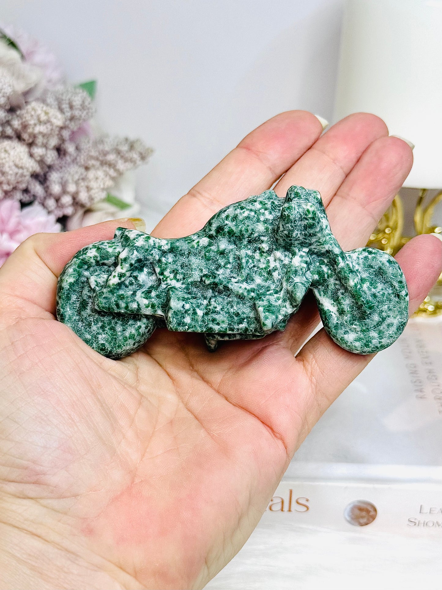 Moss Agate Carved Motorbike 9.5cm