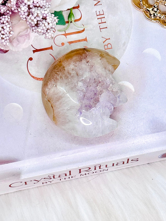 Absolutely Beautiful Druzy Amethyst X Flower Agate Carved Moon From Brazil