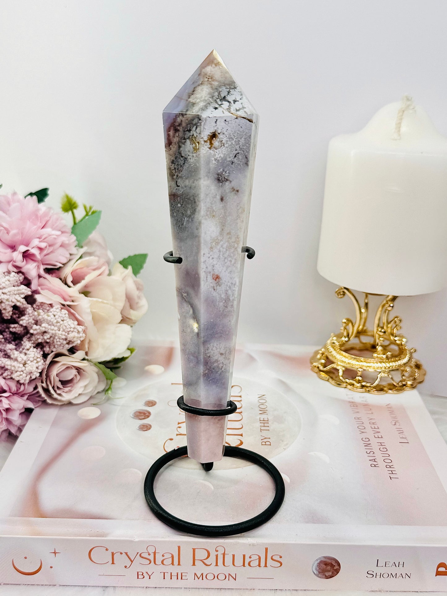 Beautiful Tall Natural Agate Carved Wand | Tower 18cm Tall Including Stand