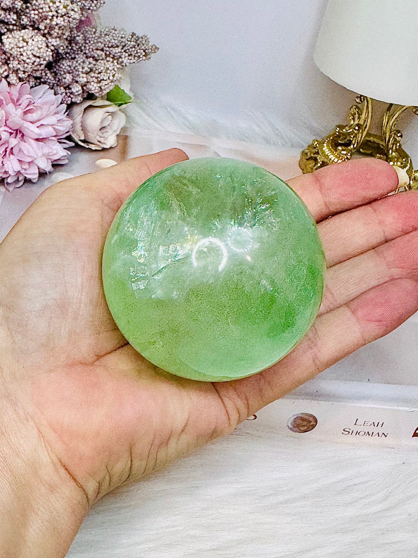 Green Fluorite Sphere with Rainbows On Stand 444g