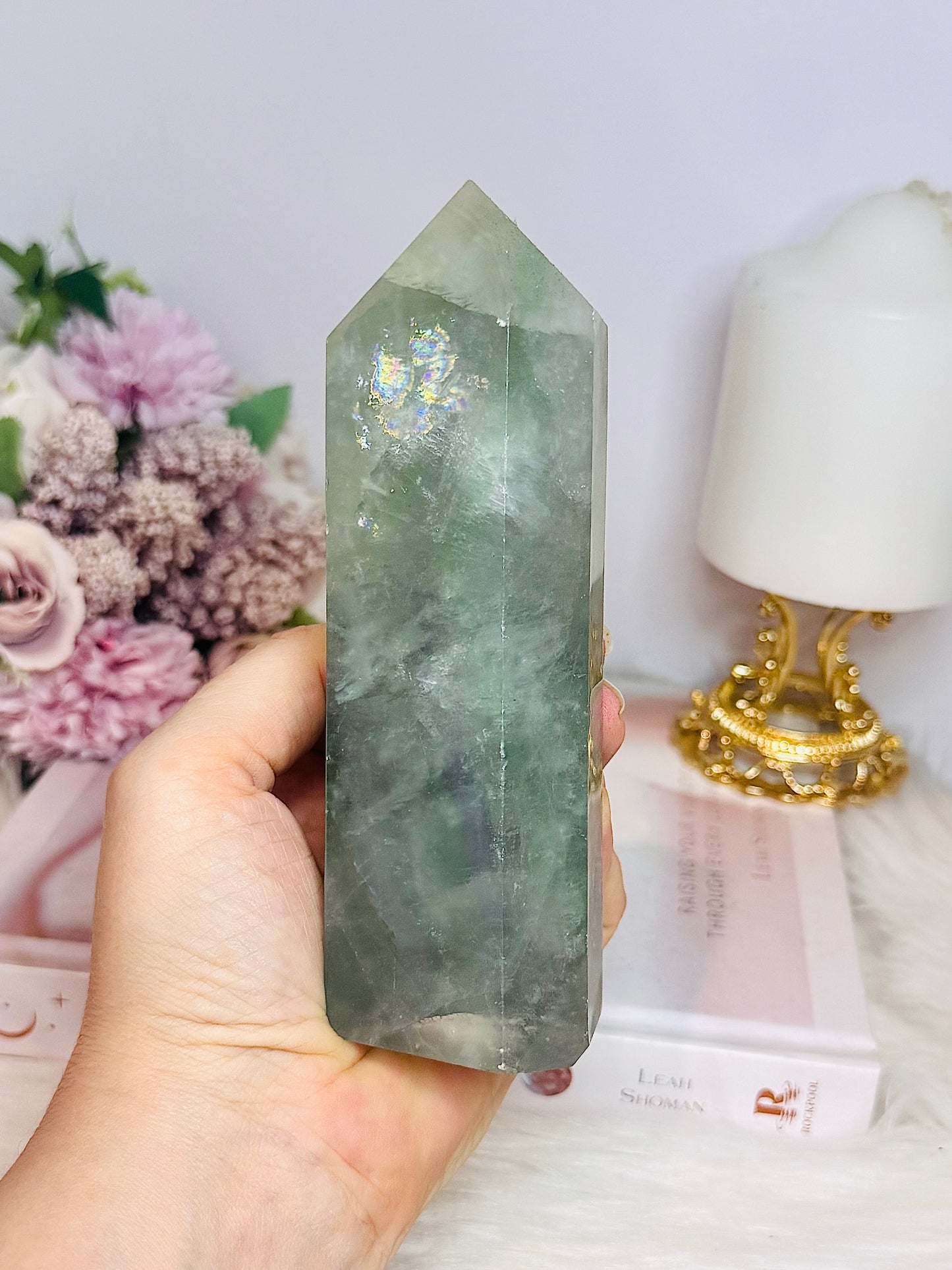 Chunky Large Green Fluorite Tower with Rainbows 15cm 630g