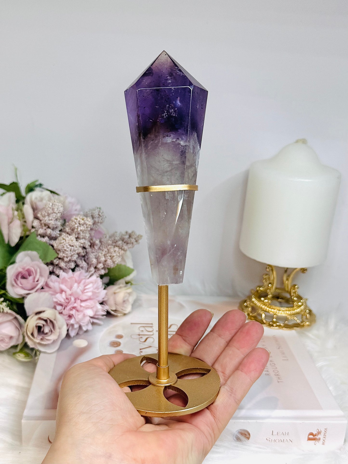 High Grade Phantom Amethyst Point | Obelisk on Gold Stand 20cm