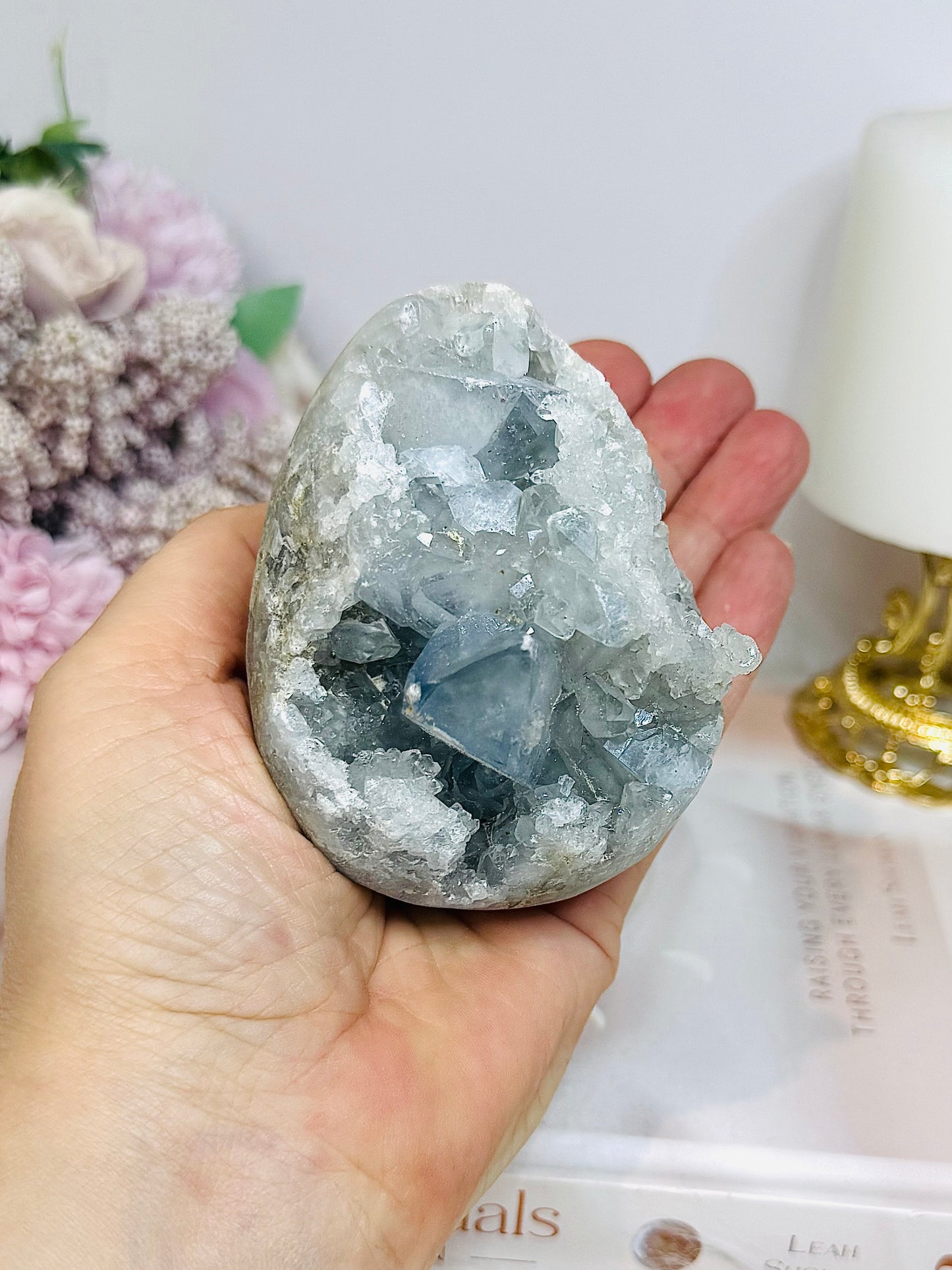 Large Blue Celestite Egg On Stand 521g