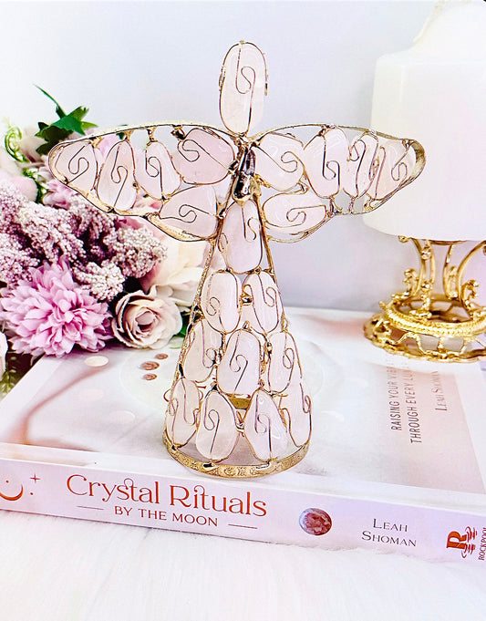 Wow! Absolutely Divine Large 16cm Rose Quartz Gold Angel with Vera Cruz