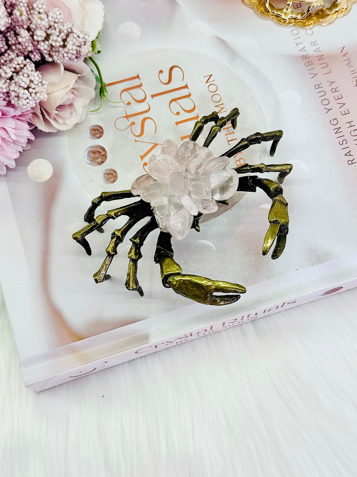 Stunning Large Rose Quartz Crab with Gold Metal Legs