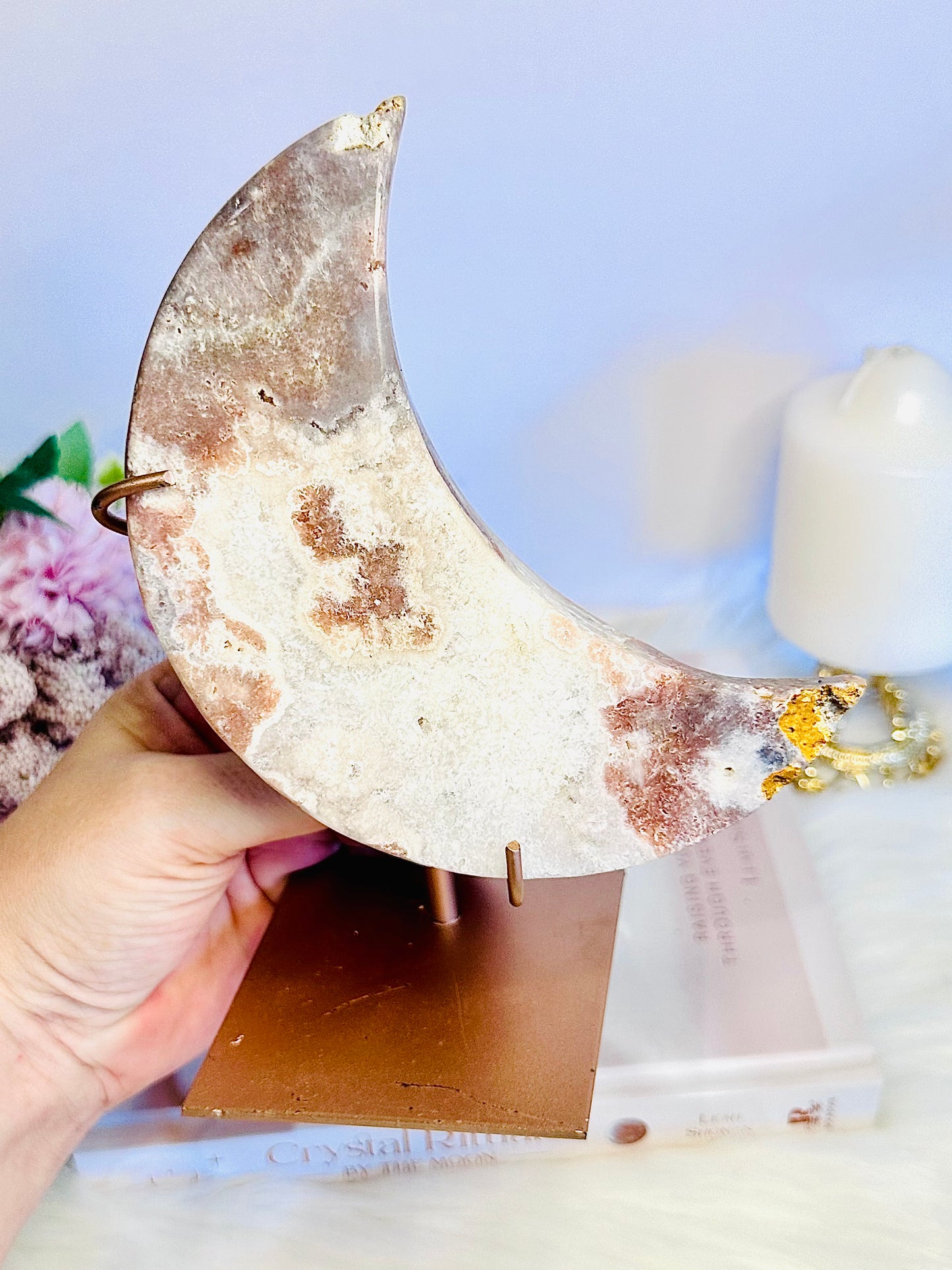 ⚜️ SALE ⚜️ Classy & Fabulous Large 19cm (Inc Stand) 559gram Druzy Pink Amethyst Carved Moon On Rose Gold Stand From Brazil (Discontinued as scratch on stand)