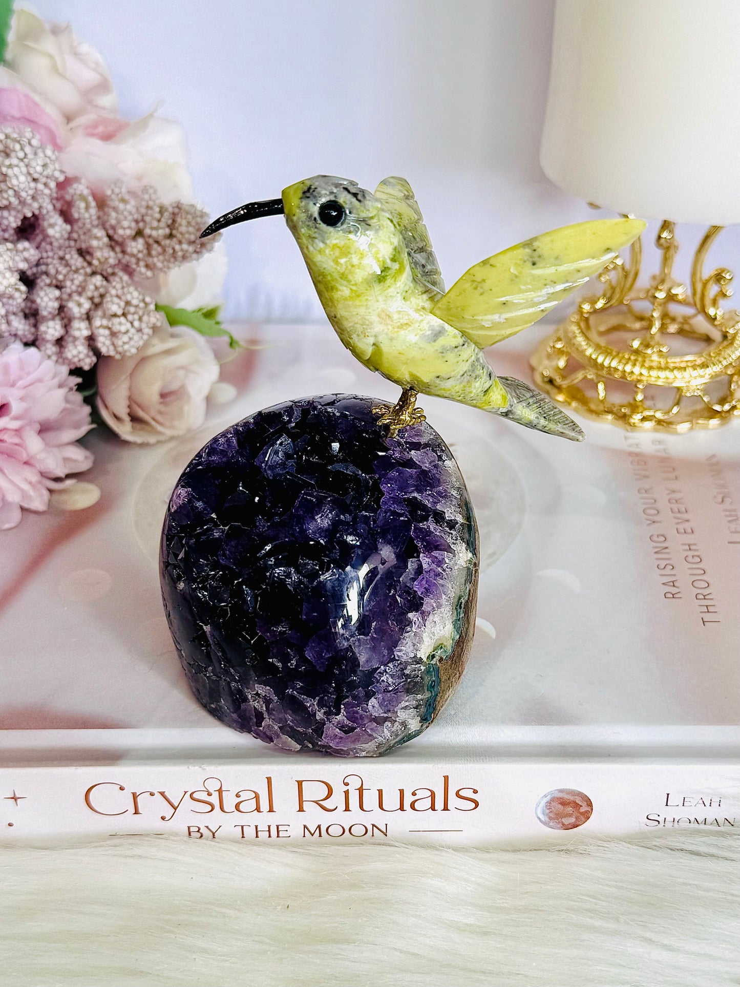 High Grade Deep Purple Amethyst Base Cut Cluster with Jade Carved Hummingbird 13cm