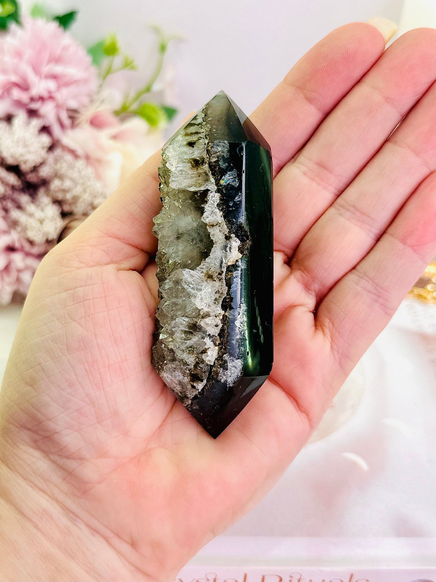 Divine High Grade Druzy Agate Double Terminated Point On Gold Stand 9.5cm From Brazil