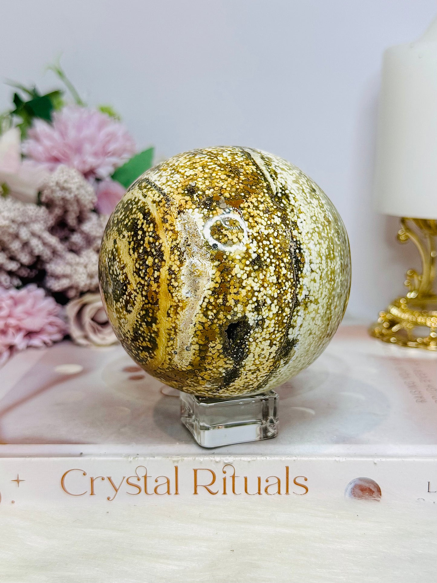 Large Orbicular Ocean Jasper Sphere On Stand 734g