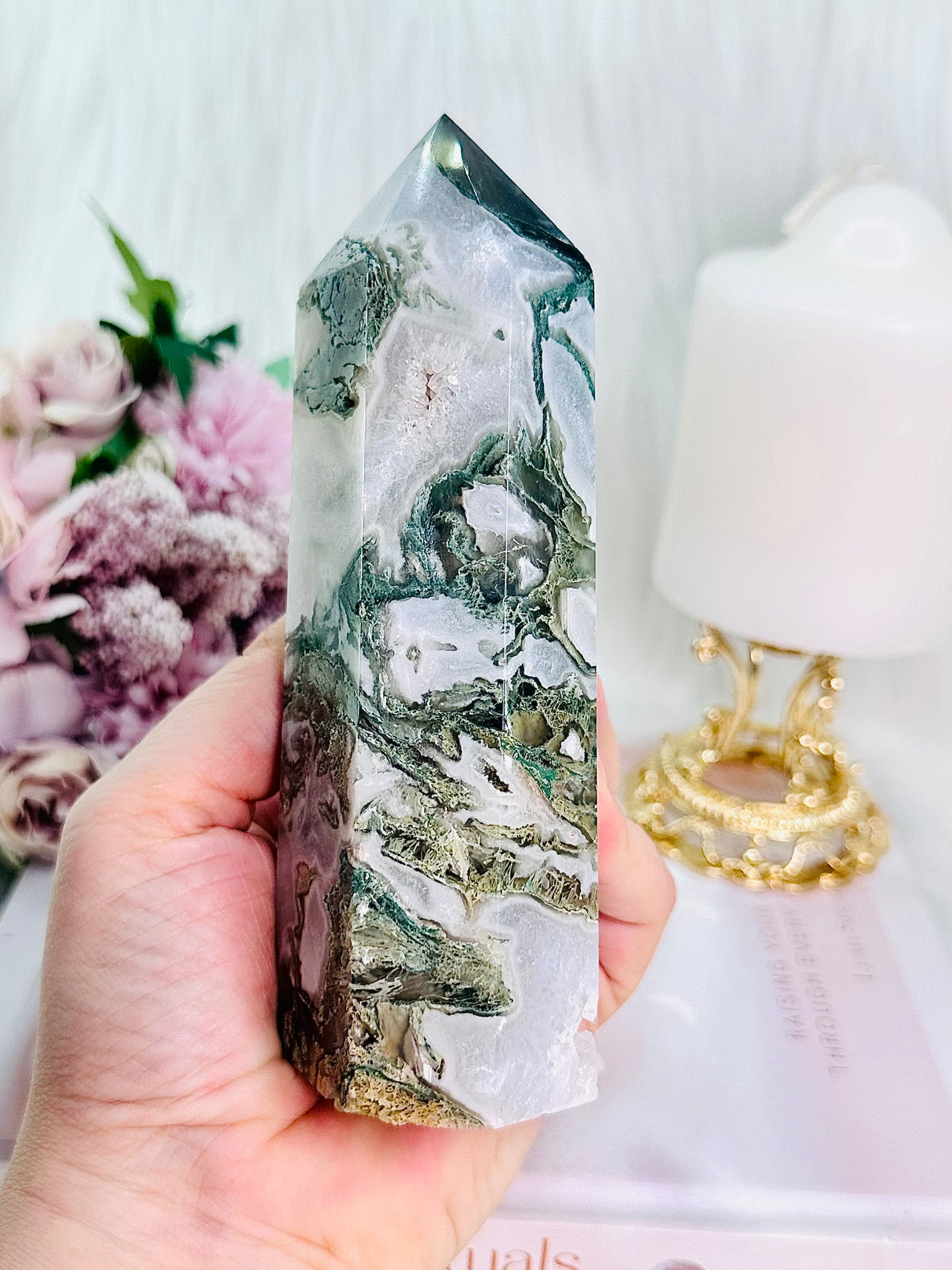 Incredibly Stunning Large Druzy Moss Agate Chunky Tower 449grams 14.5cm