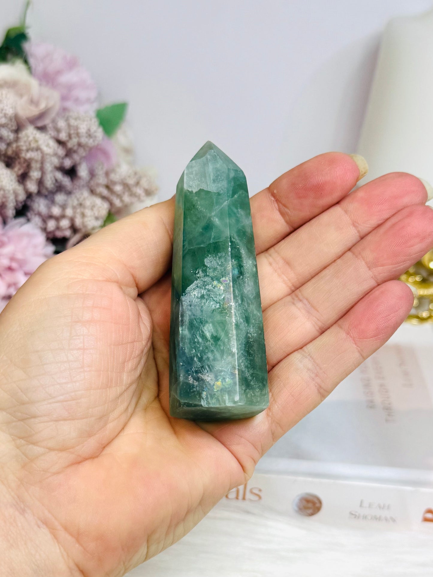 Green Fluorite Tower with Rainbows 8cm