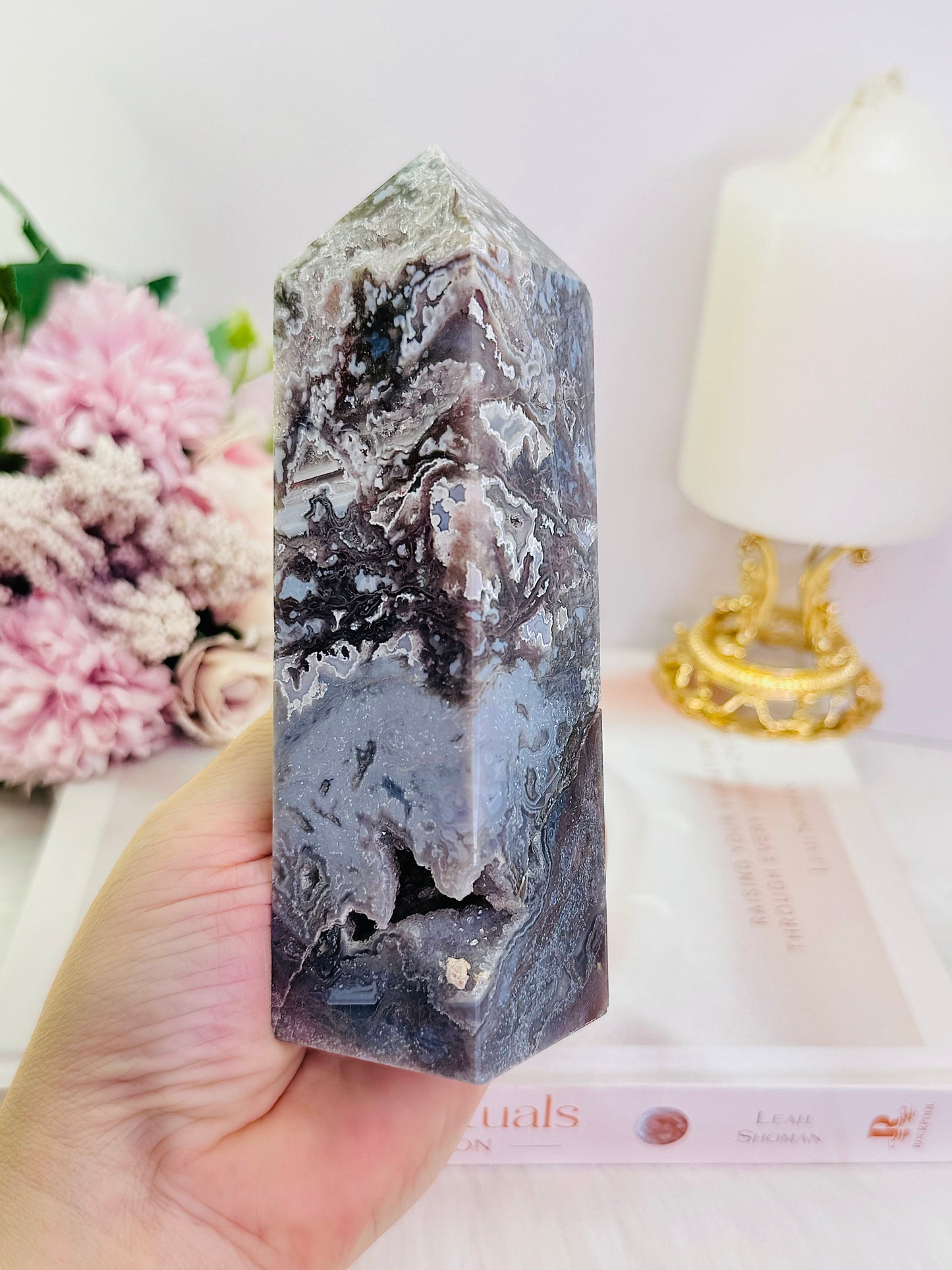 Stunning Large Chunky 14cm 446gram Druzy Purple Moss Agate Tower