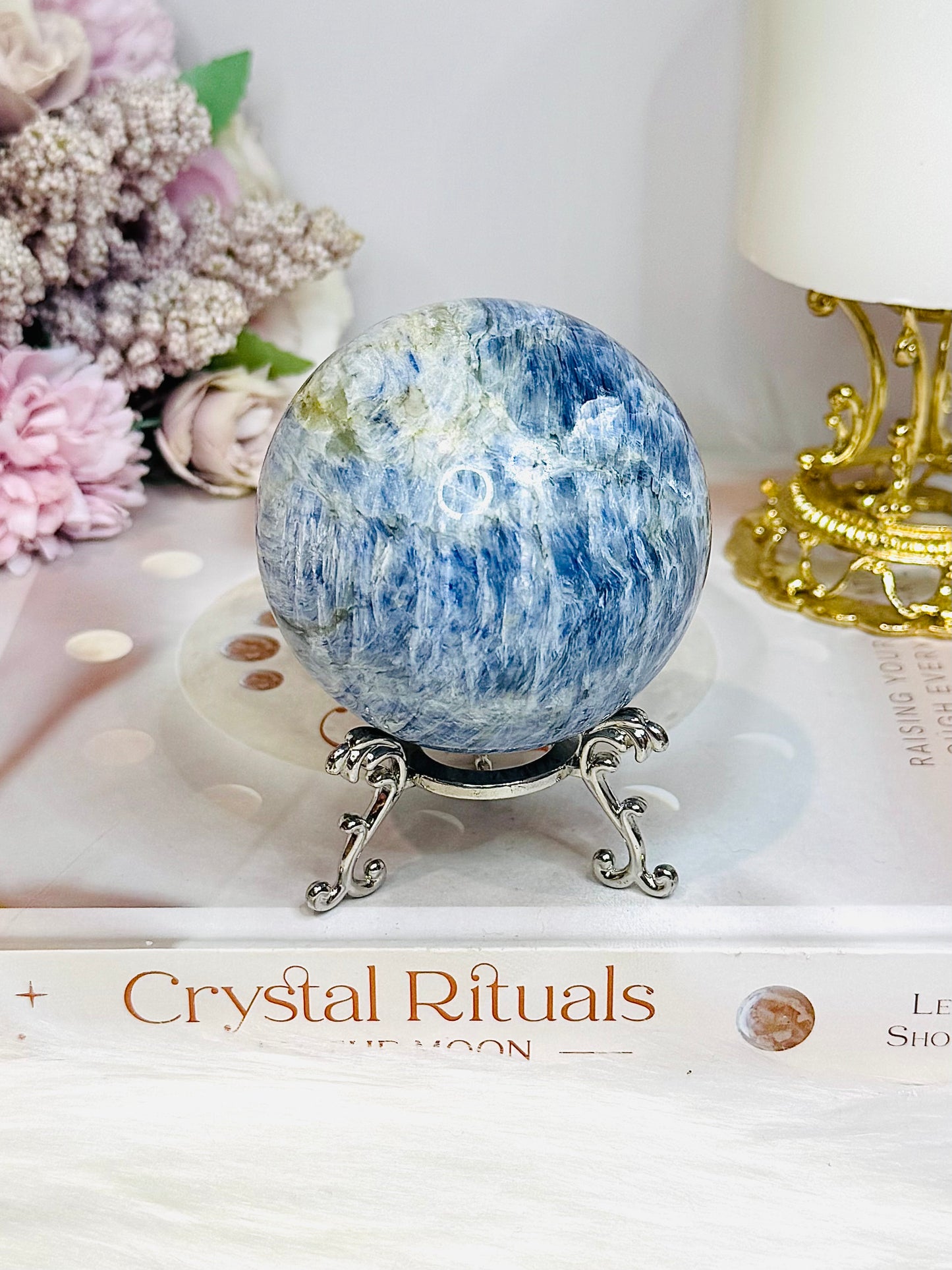 Blue Kyanite Sphere on Stand 485g On Stand