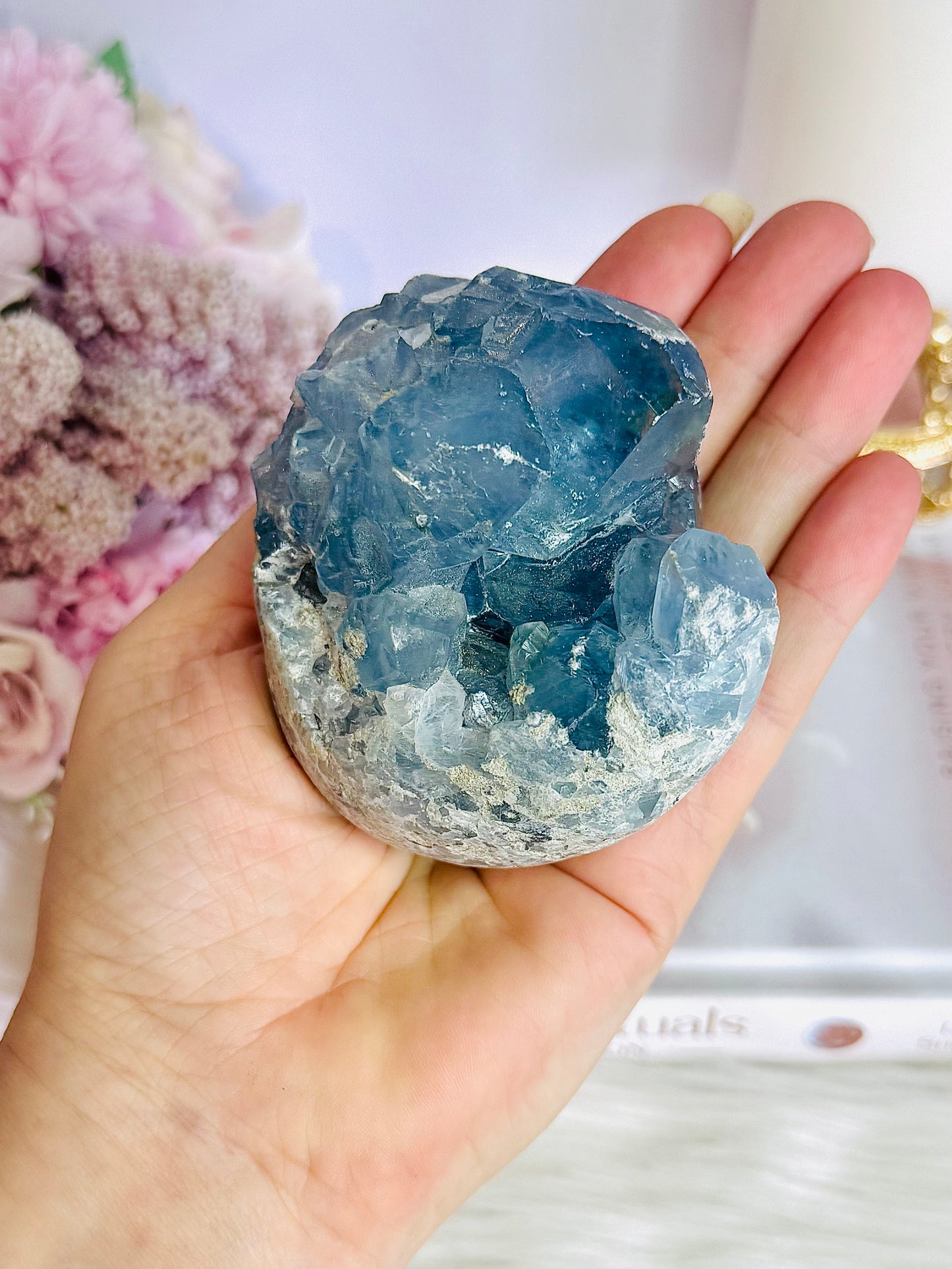 Blue Celestite Chunky Natural Druzy Freeform On Stand 535grams