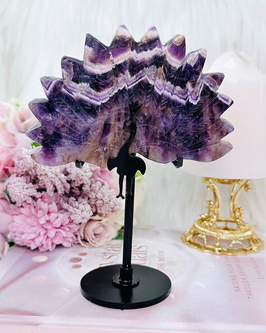 Natures Tranquilliser ~ Gorgeous Large Chunky Dream Amethyst | Chevron Carved Peacock On Stand 16cm