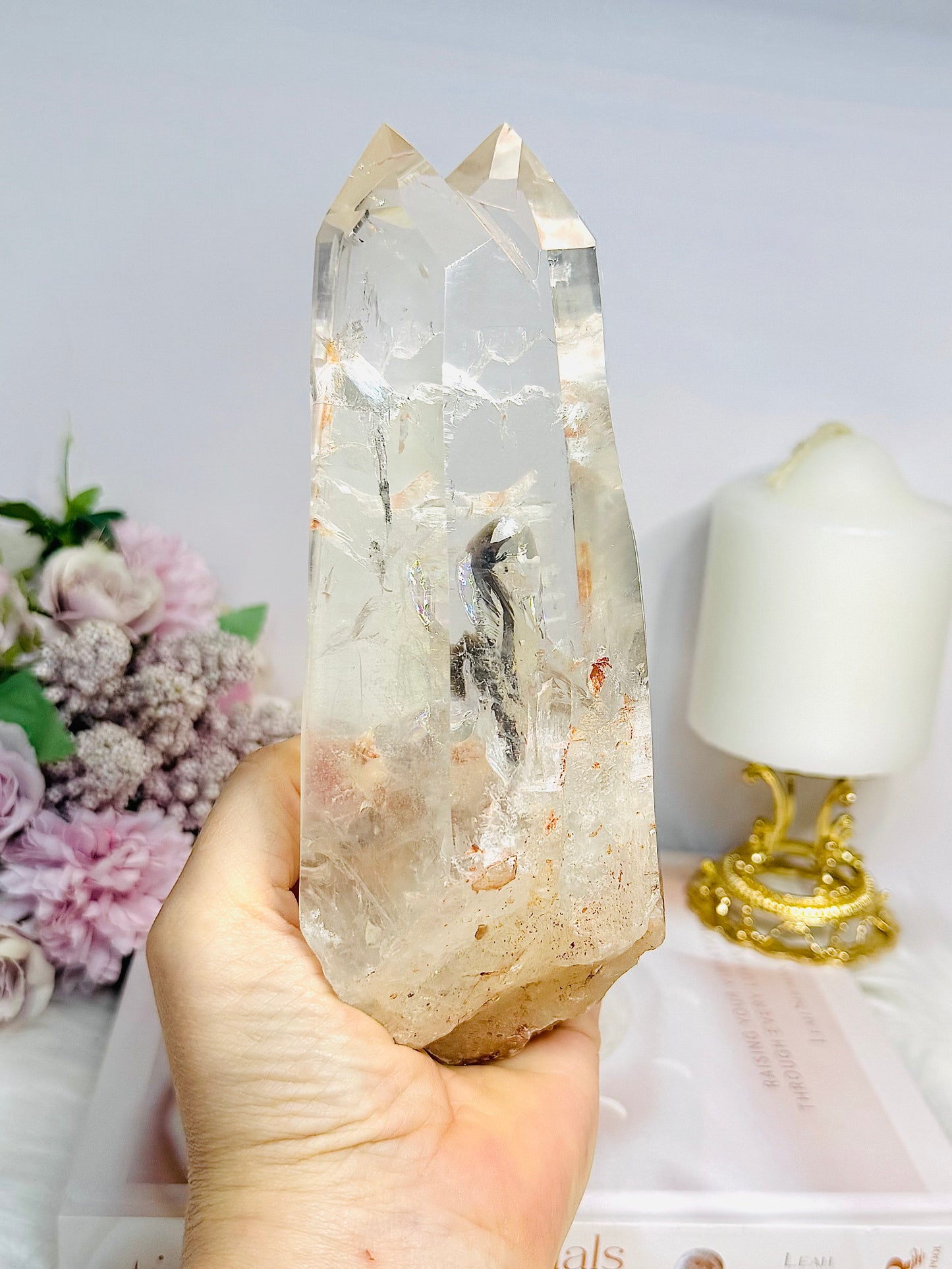 High Grade Clear Quartz Twin | Double Tower with Rainbows on Stand 18.5cm 961g