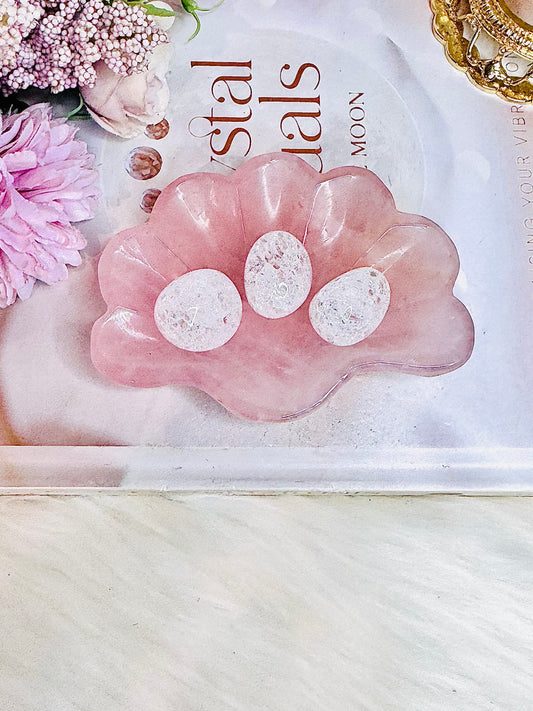 Divine Chunky Pink Rose Quartz Carved Bowl | Dish 10cm with 3 Clear Quartz Crackle Tumbles