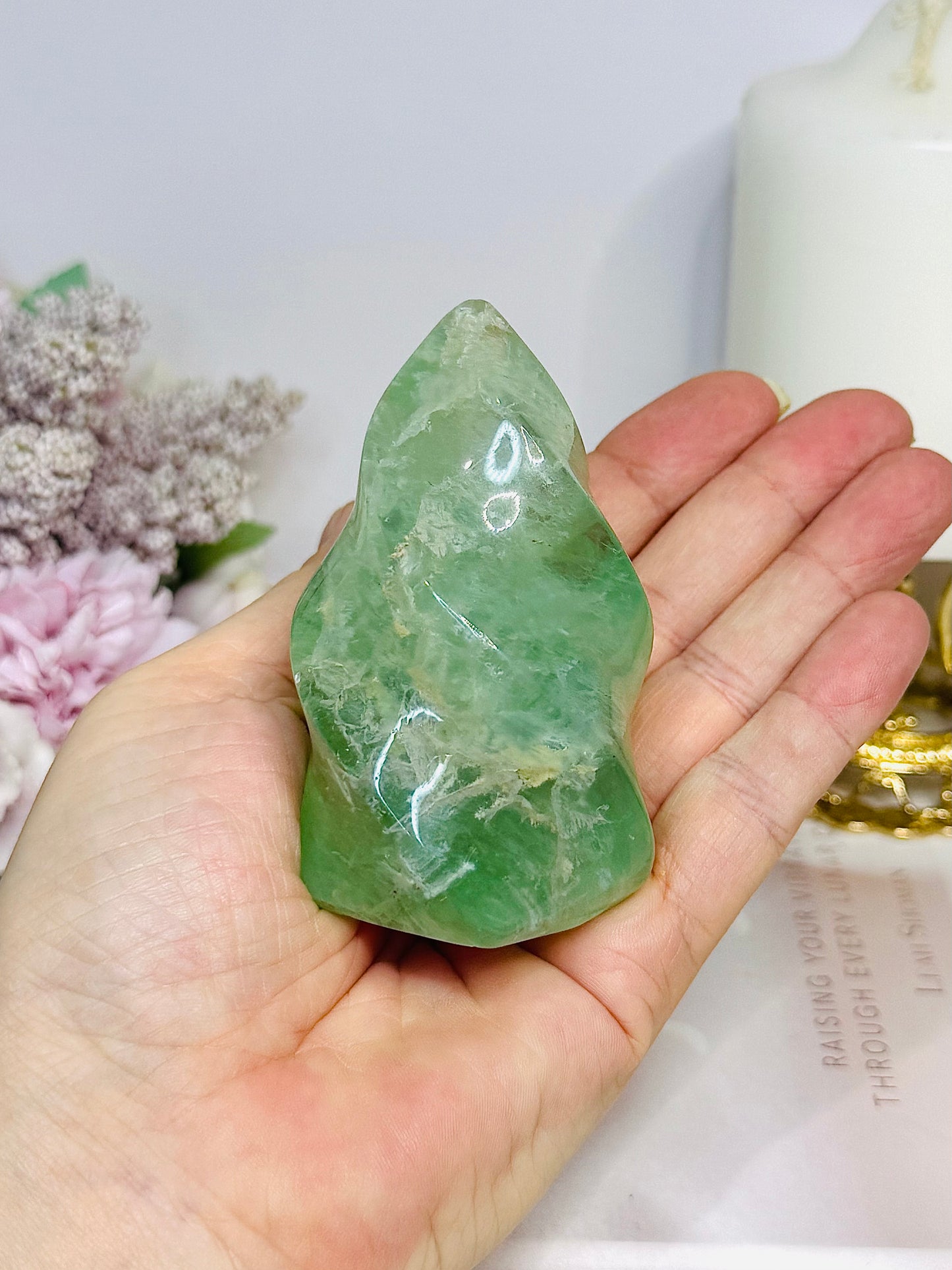 Green Fluorite Carved Flame 8cm 269g