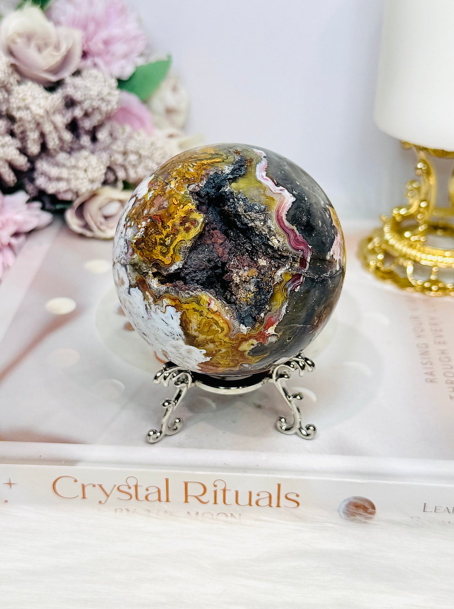 Large Mexican Crazy Lace Agate Druzy Sphere on Stand 449g