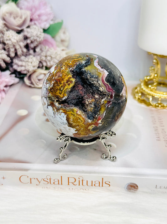 Large Mexican Crazy Lace Agate Druzy Sphere on Stand 449g