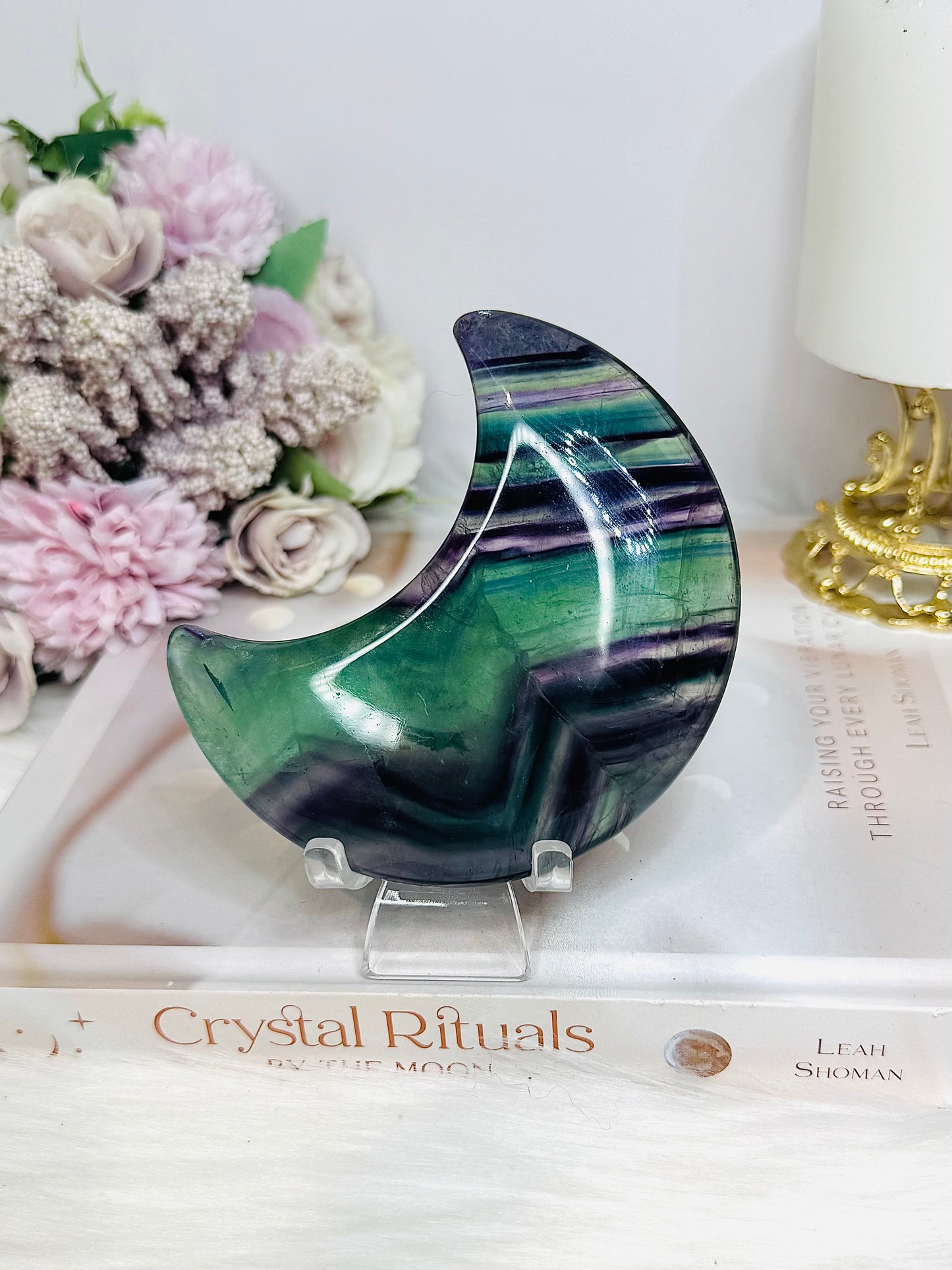 High Grade Rainbow Fluorite Moon on Stand 9.5cm 273g (light used in photo)