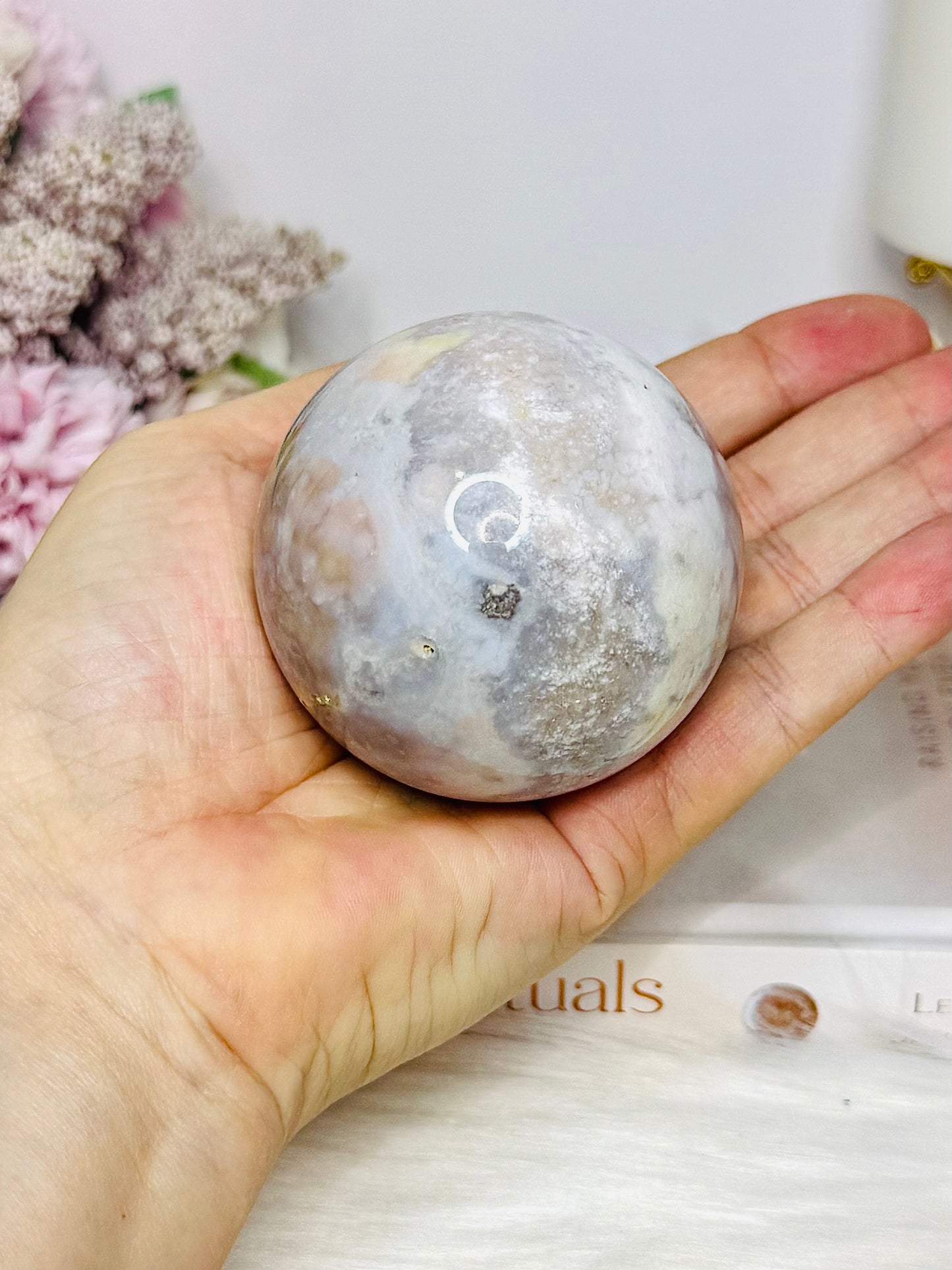 Large Flower Agate Sphere on Stand 319g