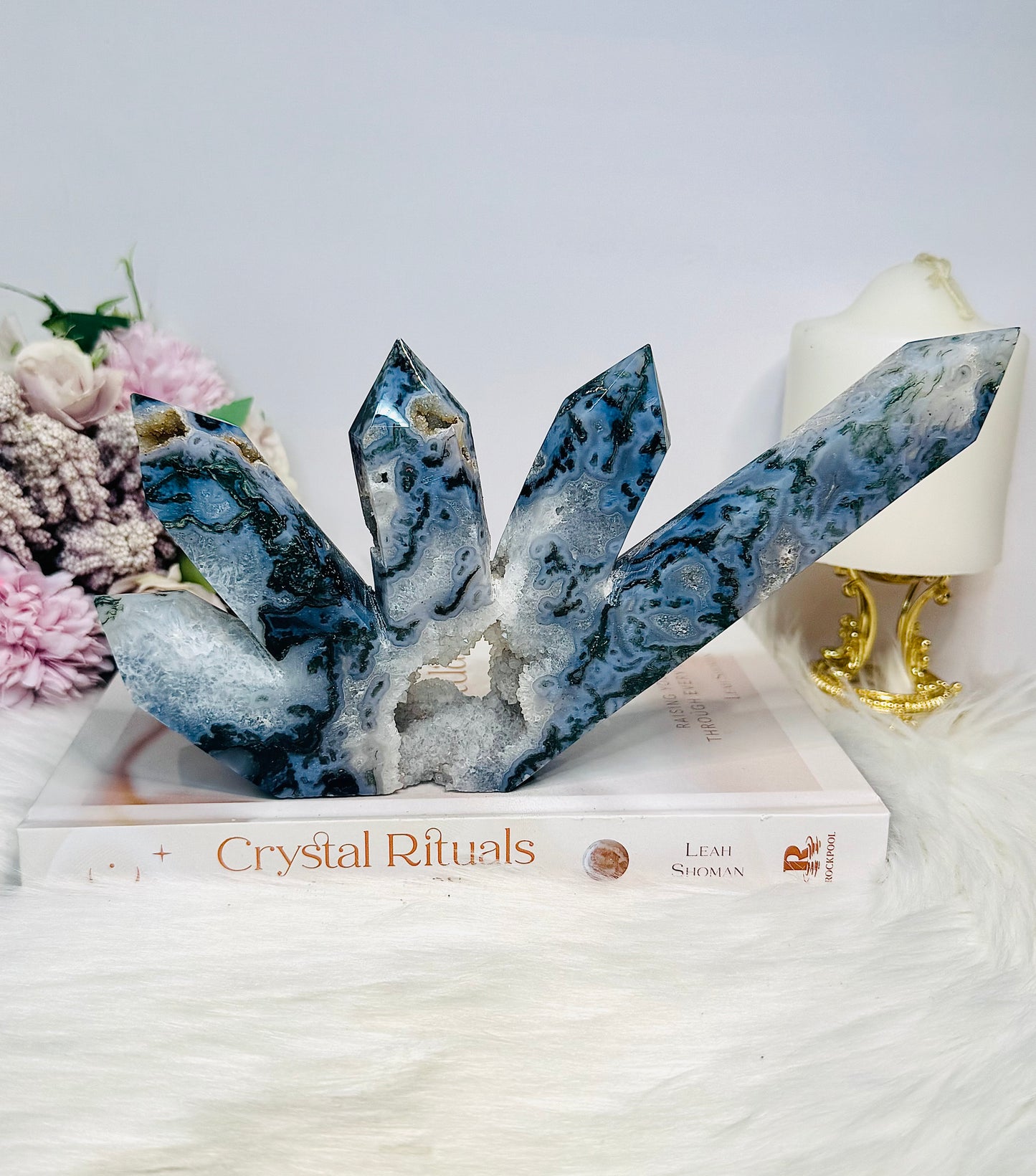 Moss Agate Druzy 5 Point Tower 22cm 638g