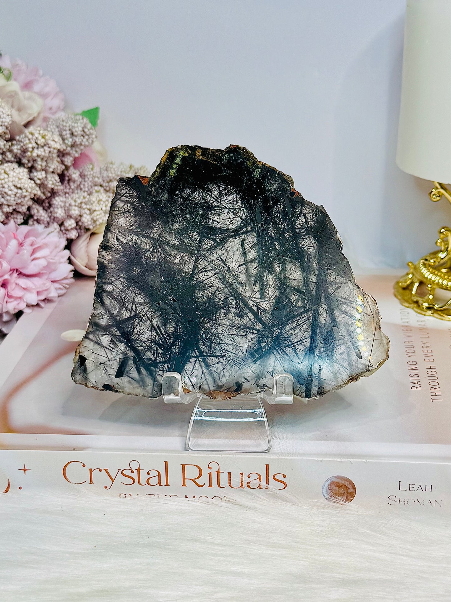 Black Tourmaline in Quartz Slab on Stand 11cm
