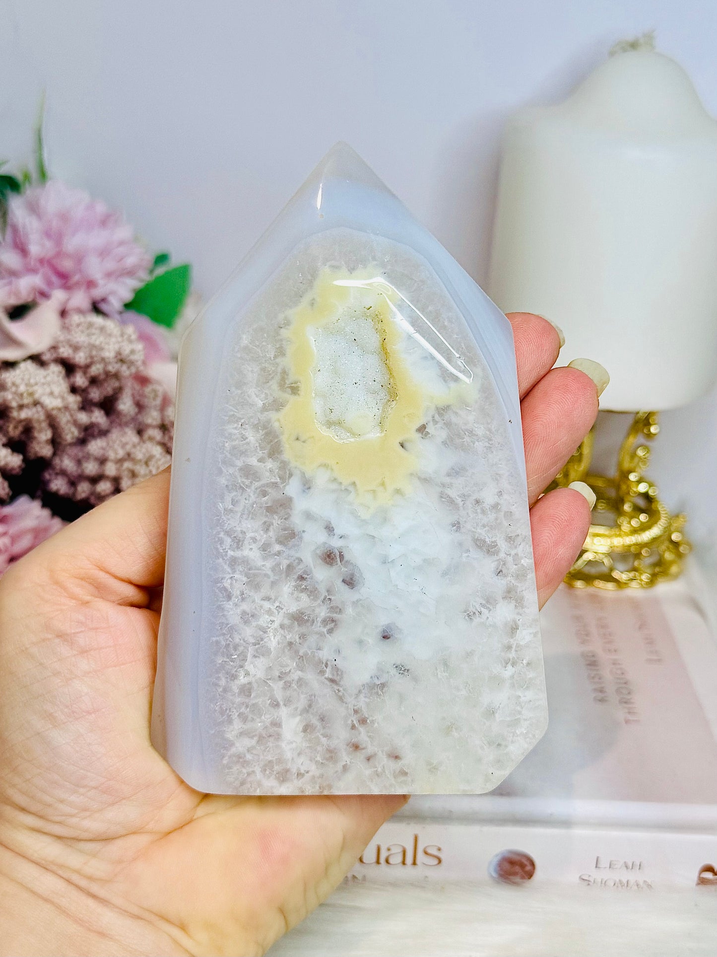 White Druzy Agate Tower From Brazil 13cm