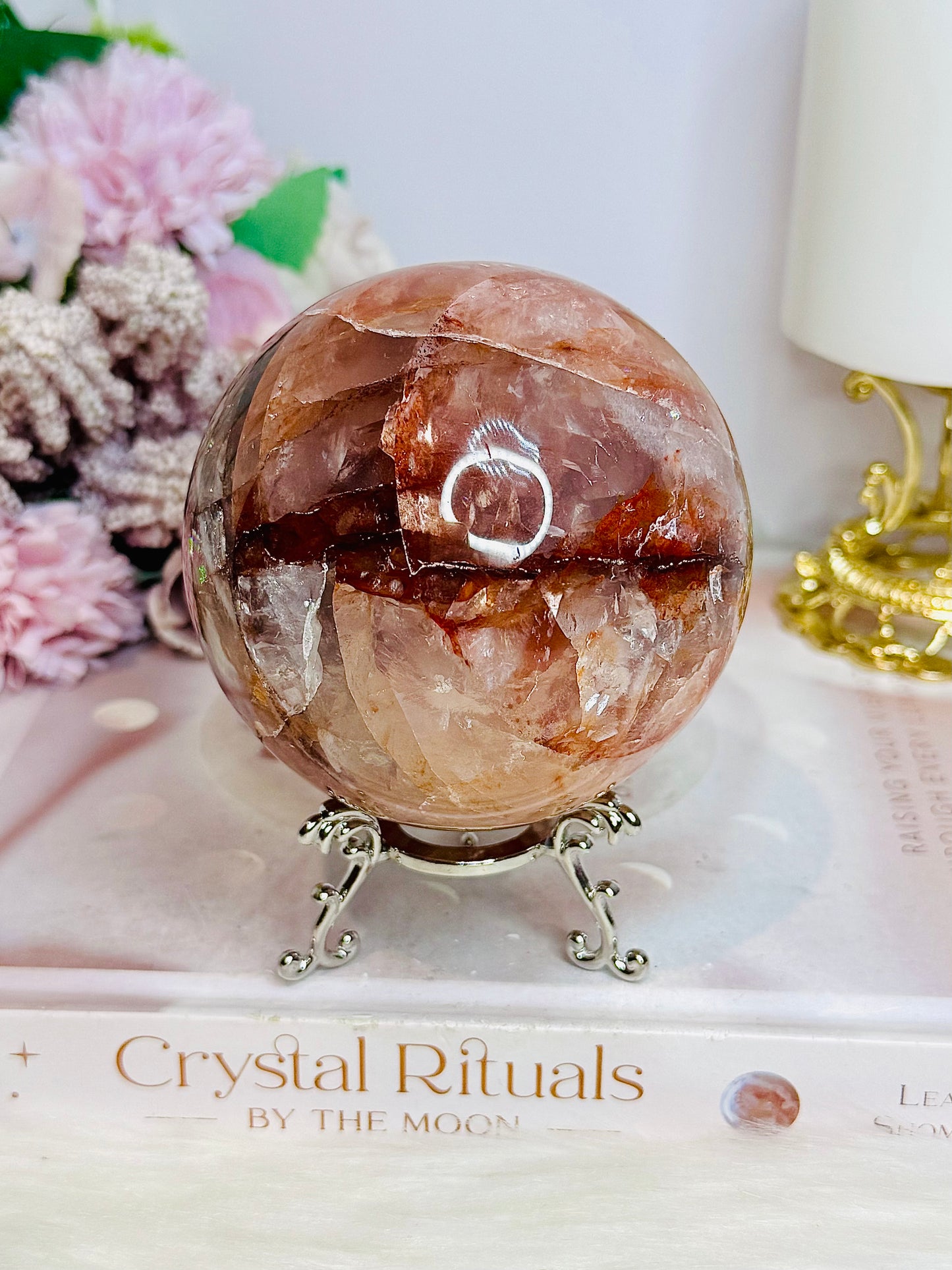 High Grade Large Fire Quartz | Hematoid Quartz Sphere with Rainbows on Stand 725g