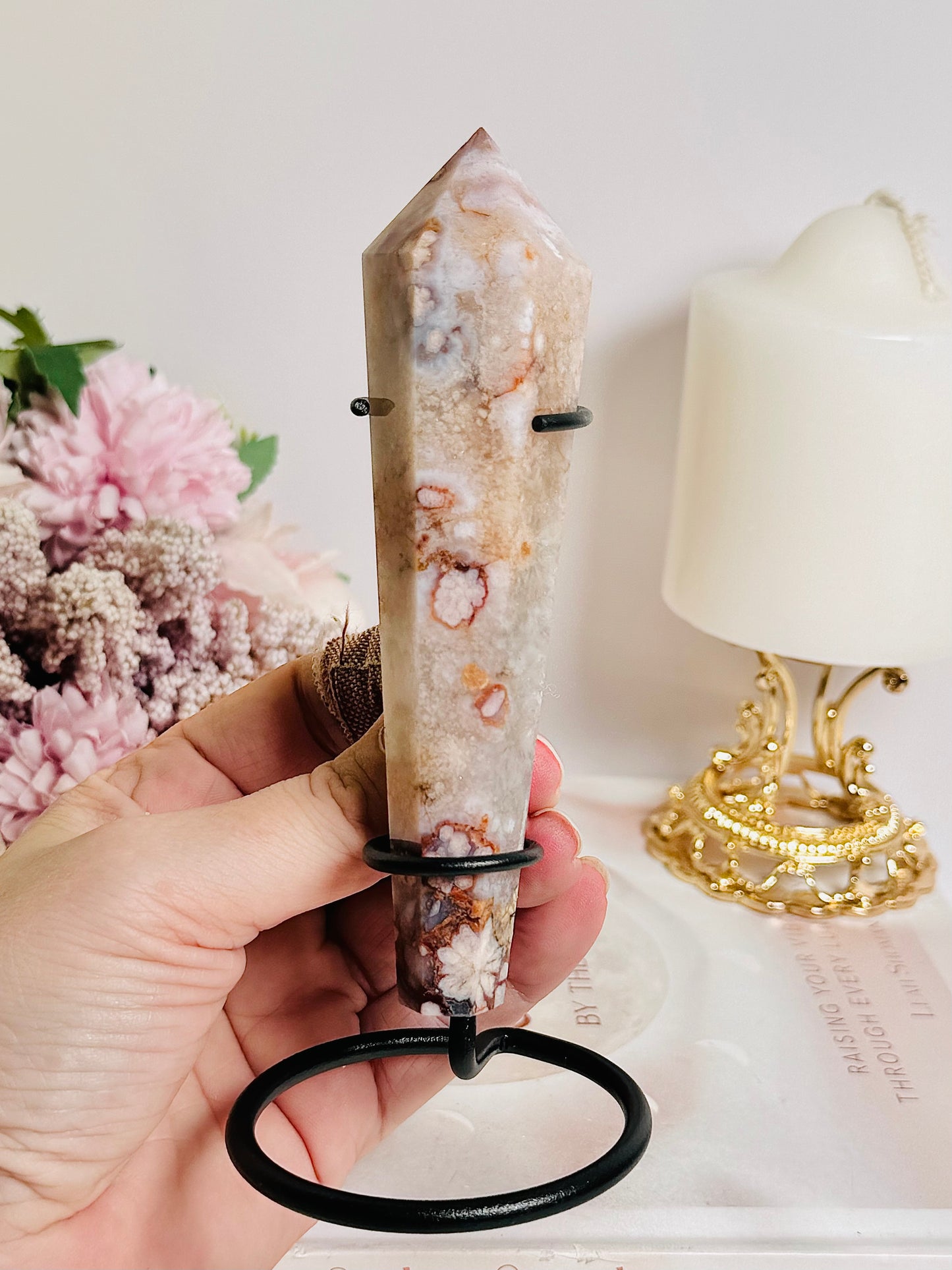 Beautiful Flower Agate Carved Wand On Stand 15cm