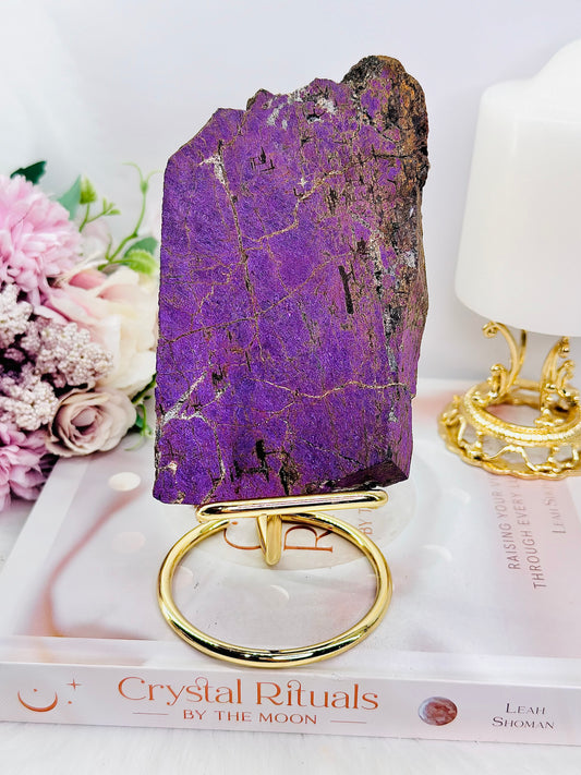 Incredible Rare Natural Velvet Purpurite Large Slab On Gold Stand 578grams