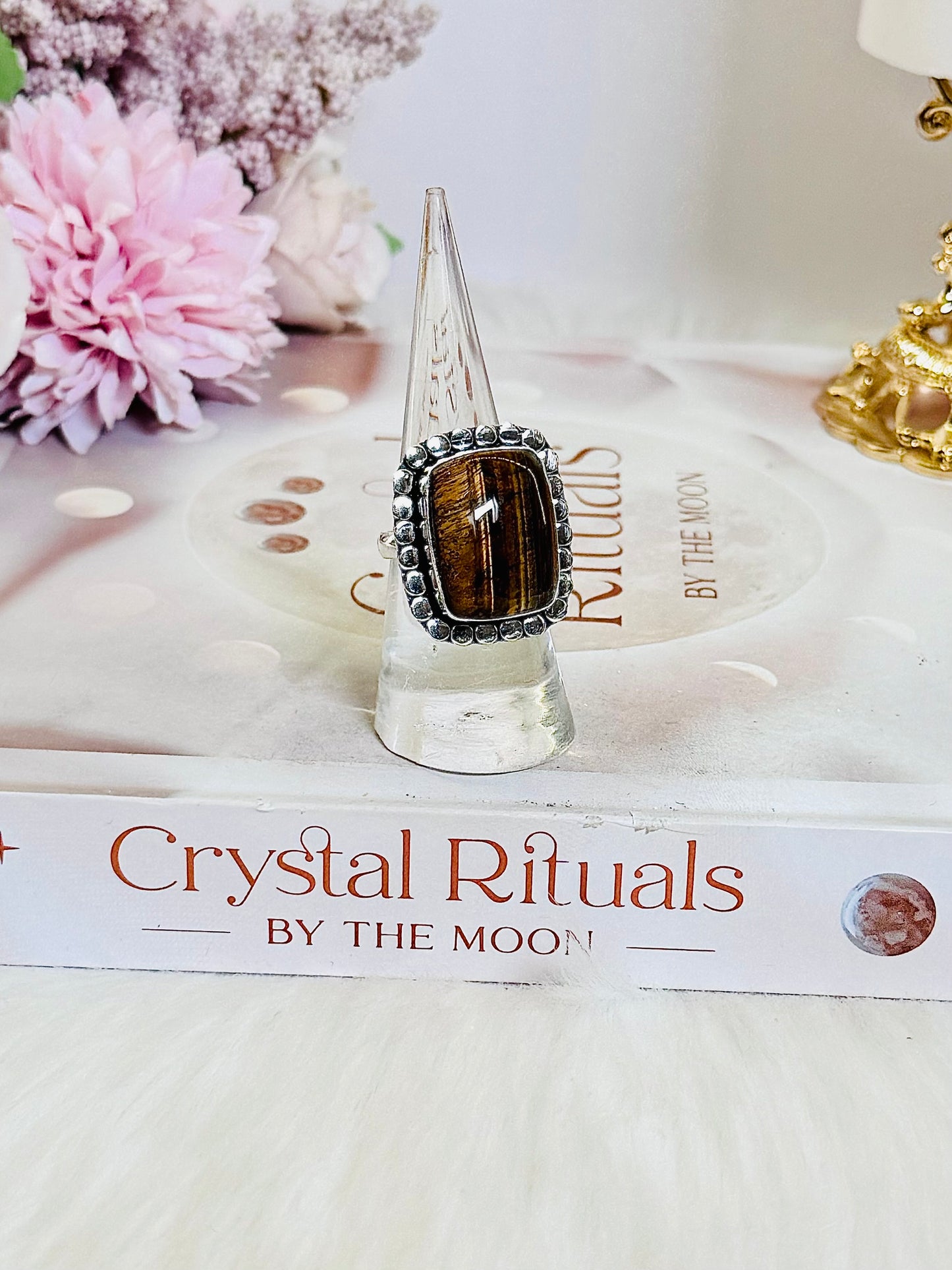 Large Natural Tigers Eye Adjustable Ring In Gift Bag